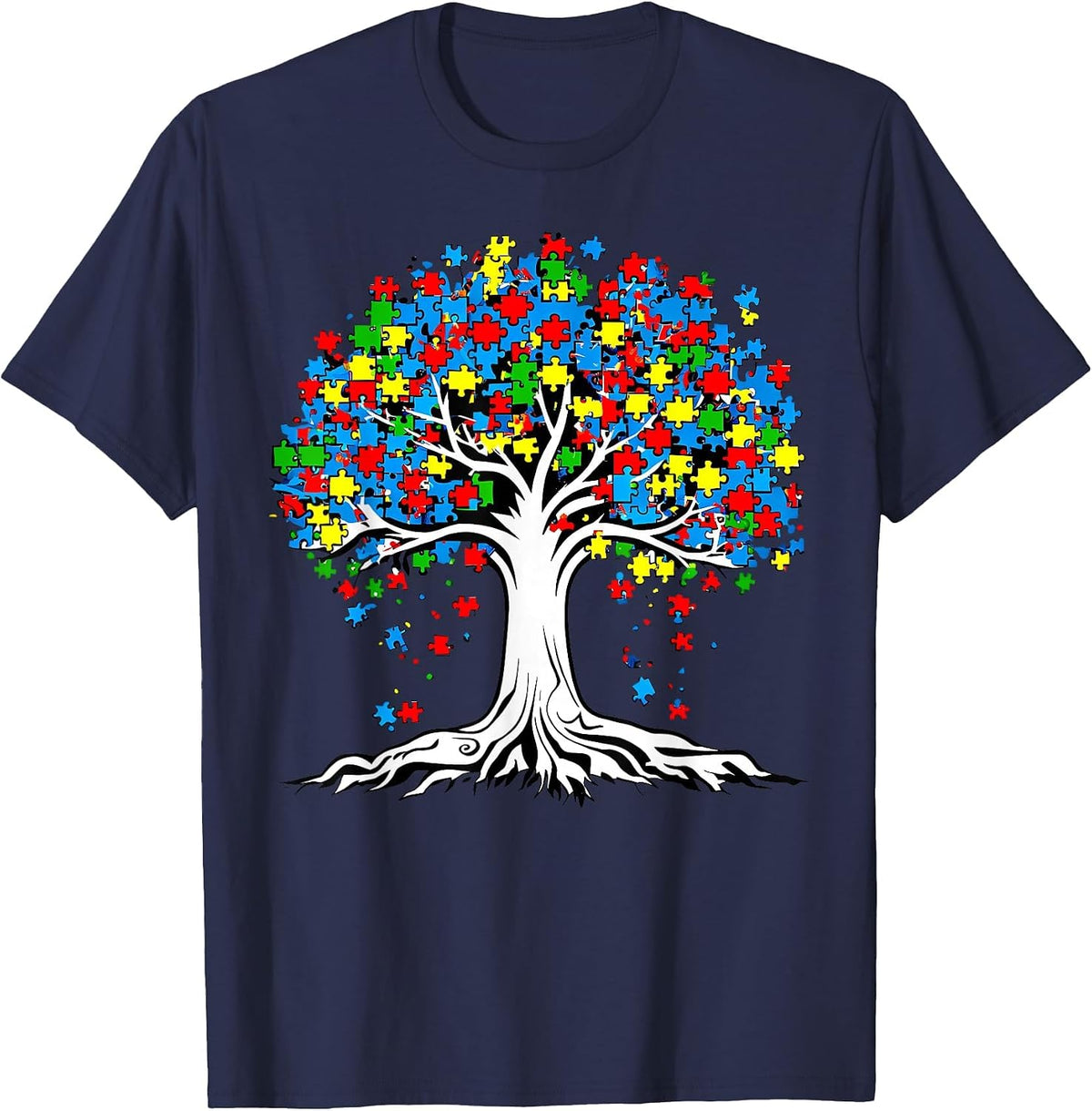 Tree Puzzle Autism Awareness Month Funny ASD Support T-Shirt - Navy Blue