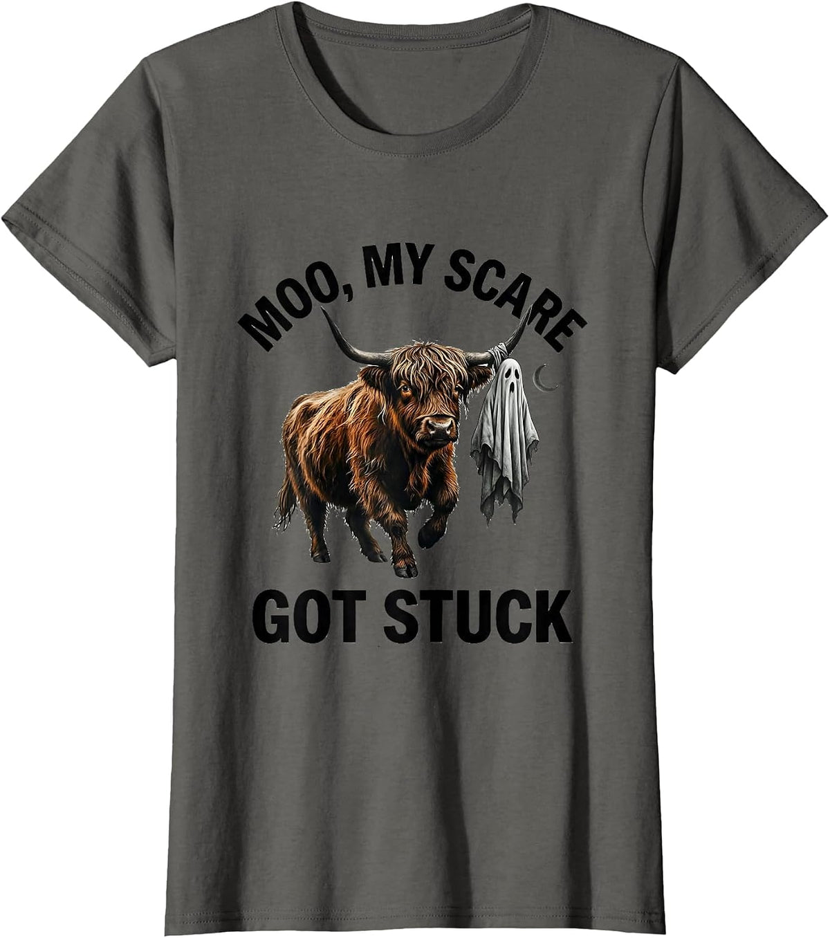 Women's Moo My Scare Got Stuck Funny Highland Cow Halloween Ghost T-Shirt - Asphalt Grey