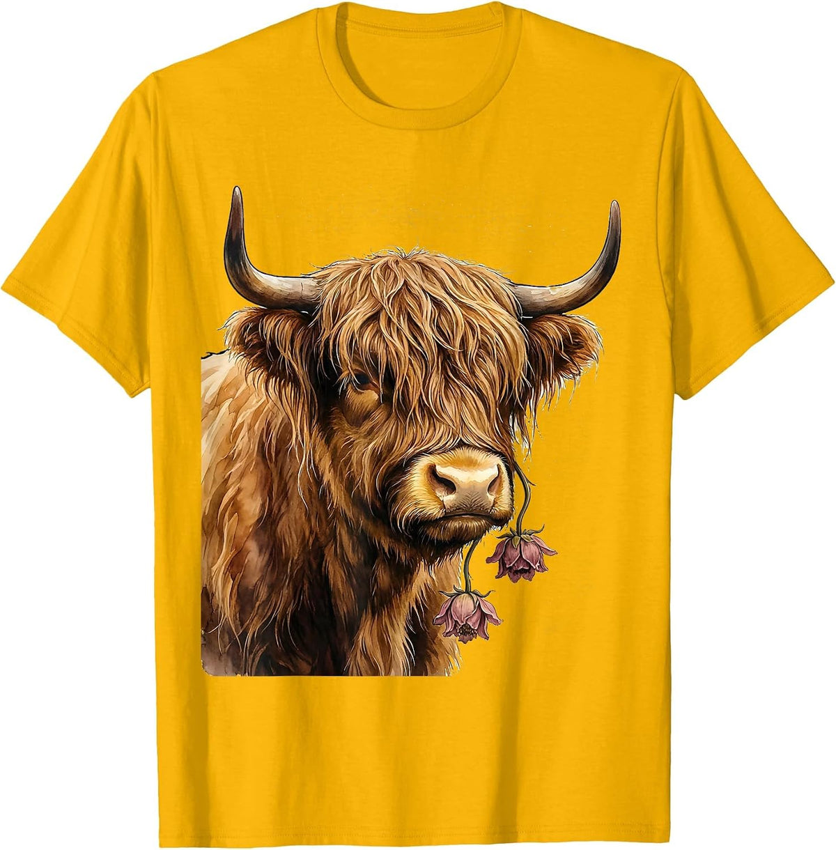Highland Cow Bust Watercolor Cute Floral Cow Lover T-Shirt - Golden Yellow