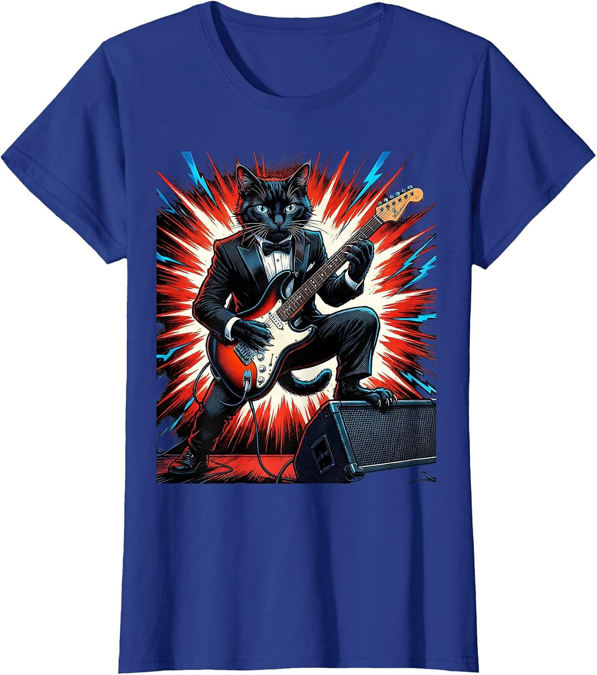 Women's Cat Playing Guitar Rock Music Humor Novelty Gift T-Shirt - Royal Blue