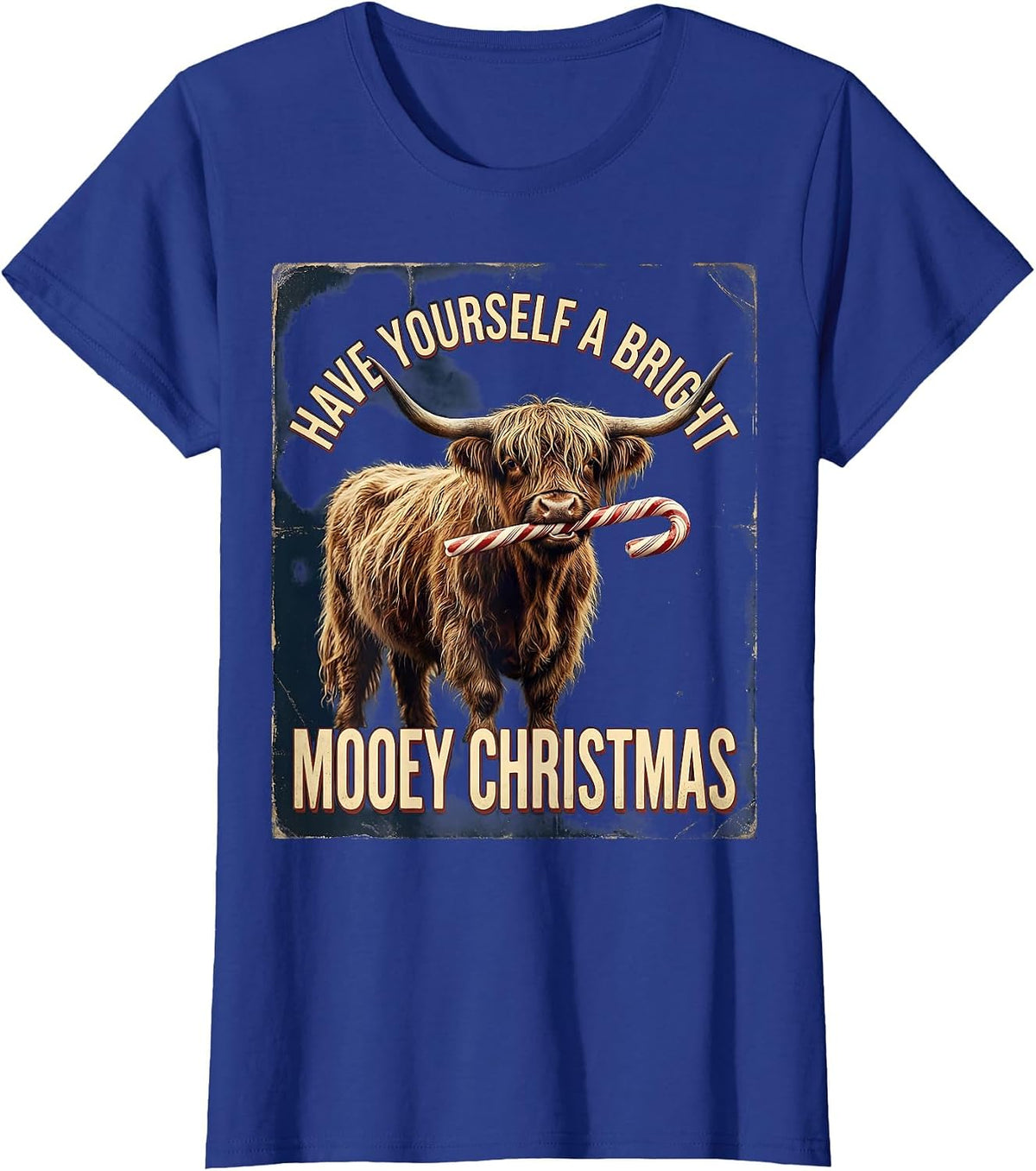 Women's Have Yourself A Bright Mooey Christmas Vintage Highland Cow T-Shirt - Royal Blue