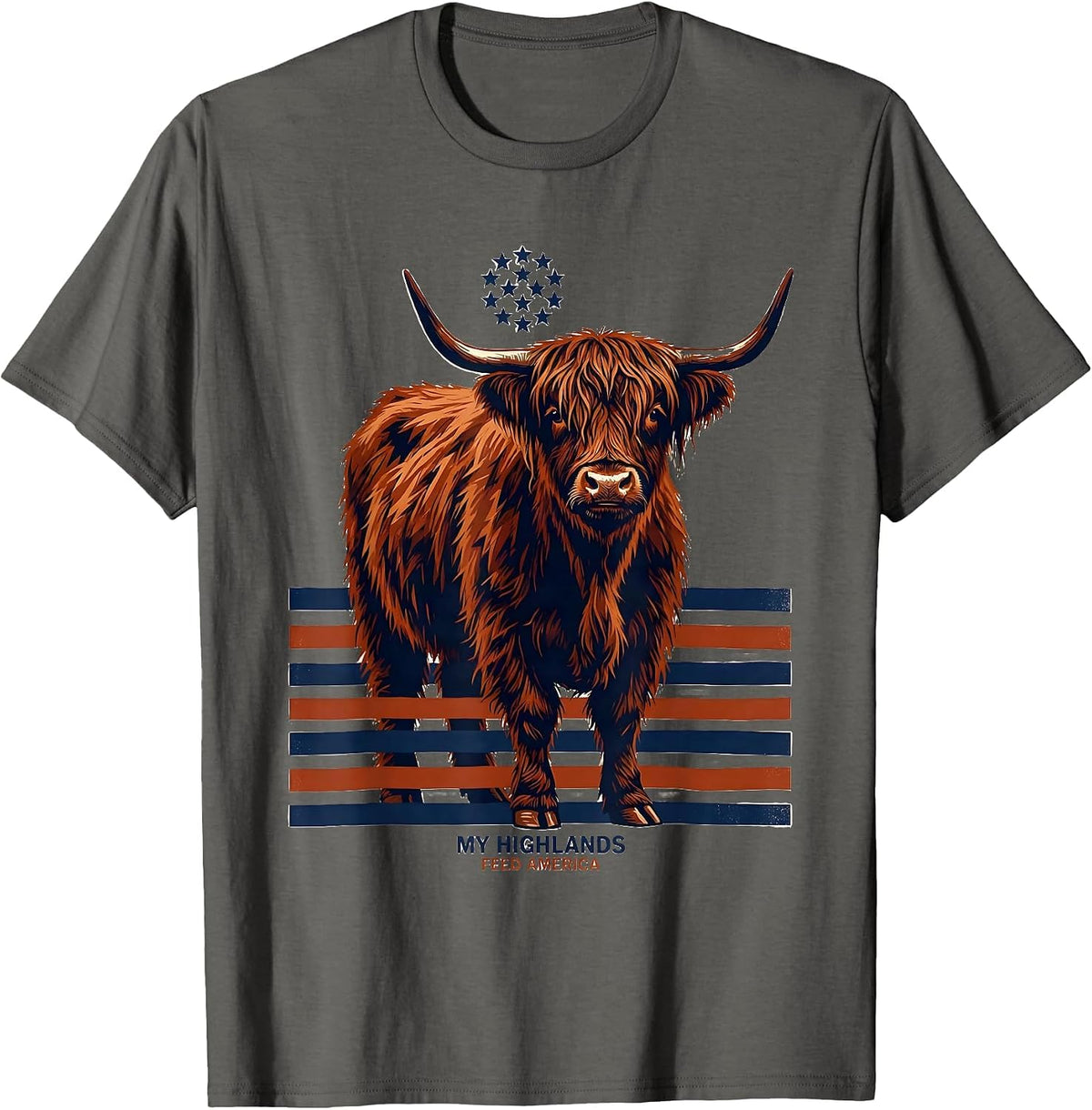 My Highlands Feed America Screenprint Highland Cow Patriotic T-Shirt - Asphalt Grey