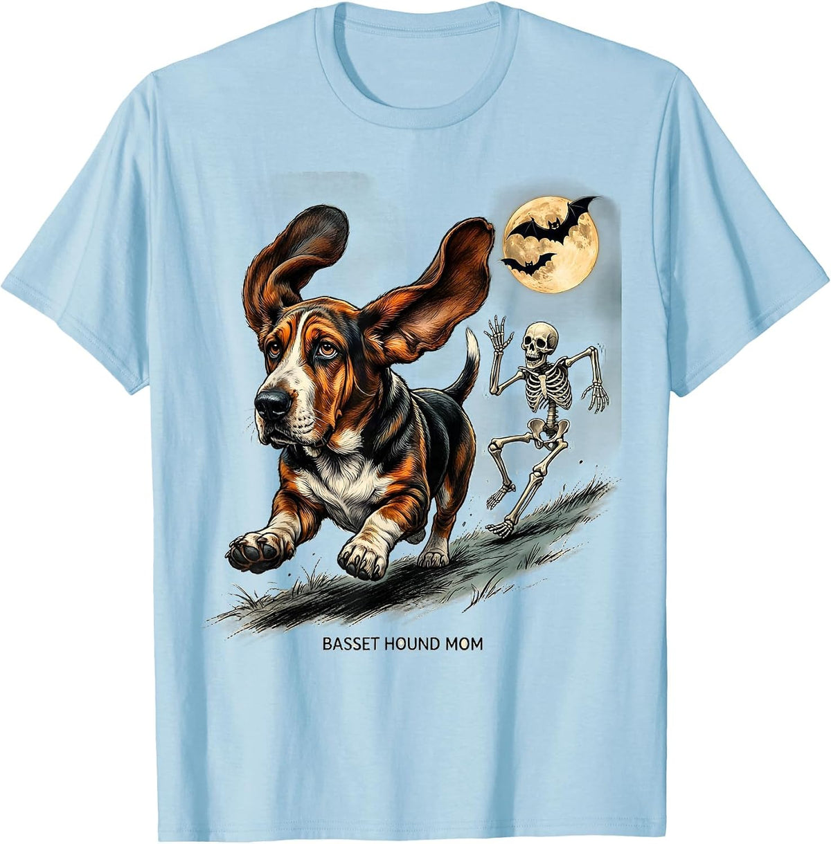 Men's Basset Hound Mom Funny Skeleton Chasing Halloween Dog Mom T-Shirt - Baby Blue