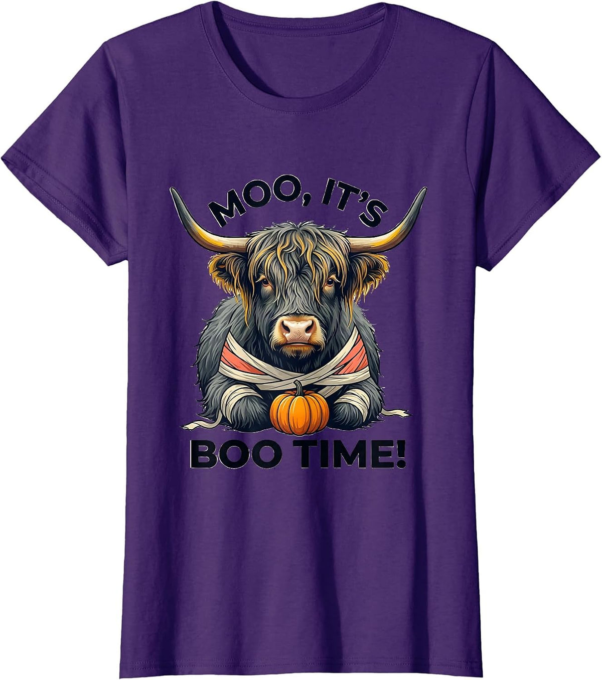 Women's Moo, It's Boo Time! Whimsical Highland Cow Halloween Fall T-Shirt - Purple