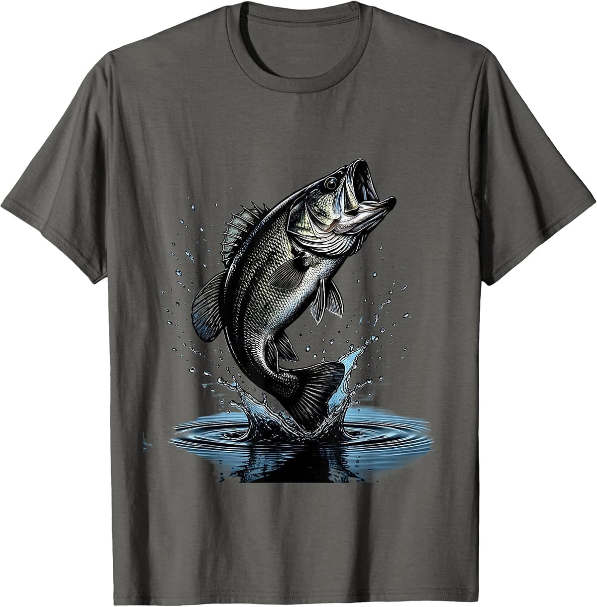 Largemouth Bass Leaping From Water Fishing Design T-Shirt - Asphalt Grey