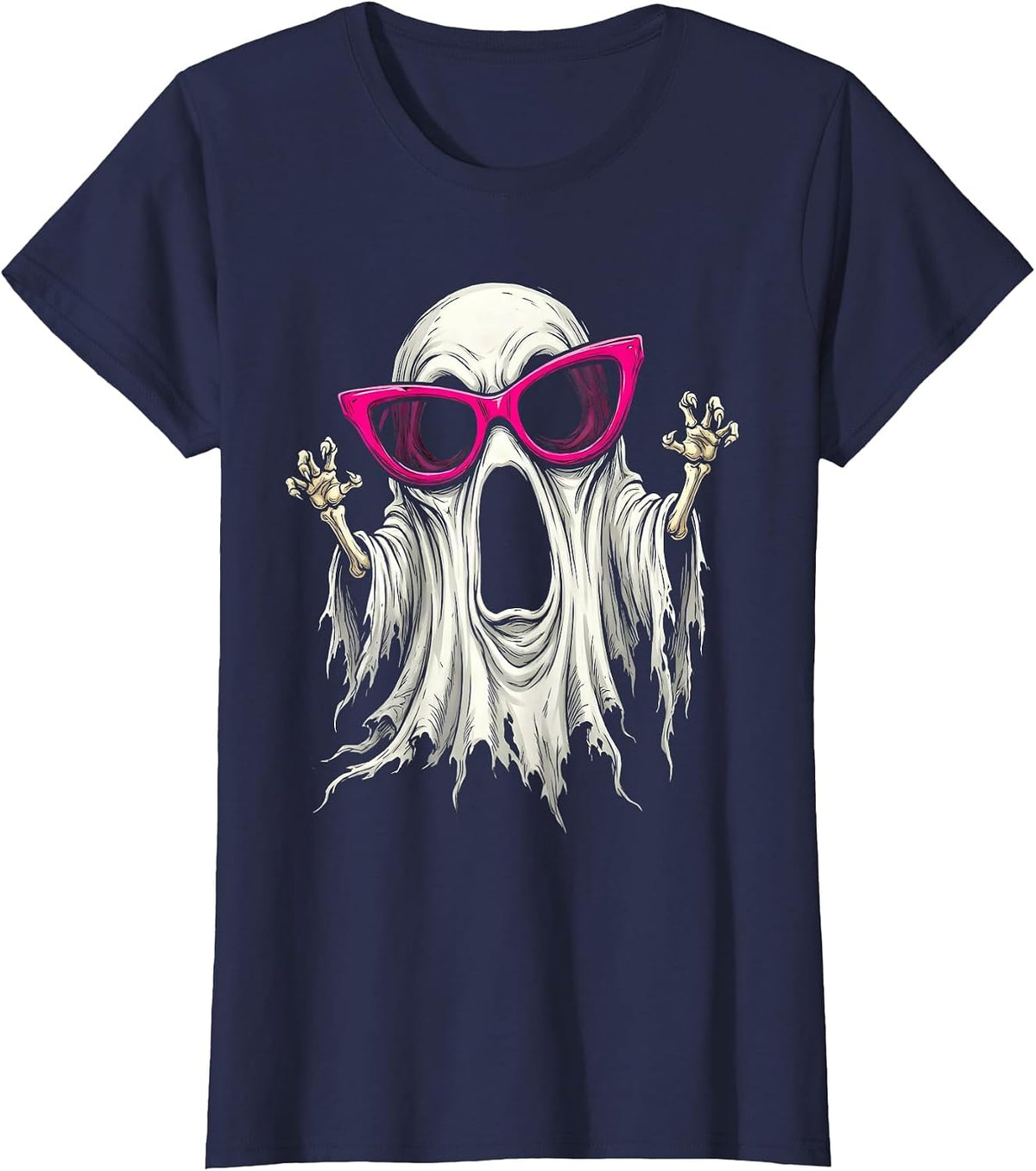 Women's Boo Jee Ghost Wearing Designer Sunglasses T-Shirt - Navy Blue