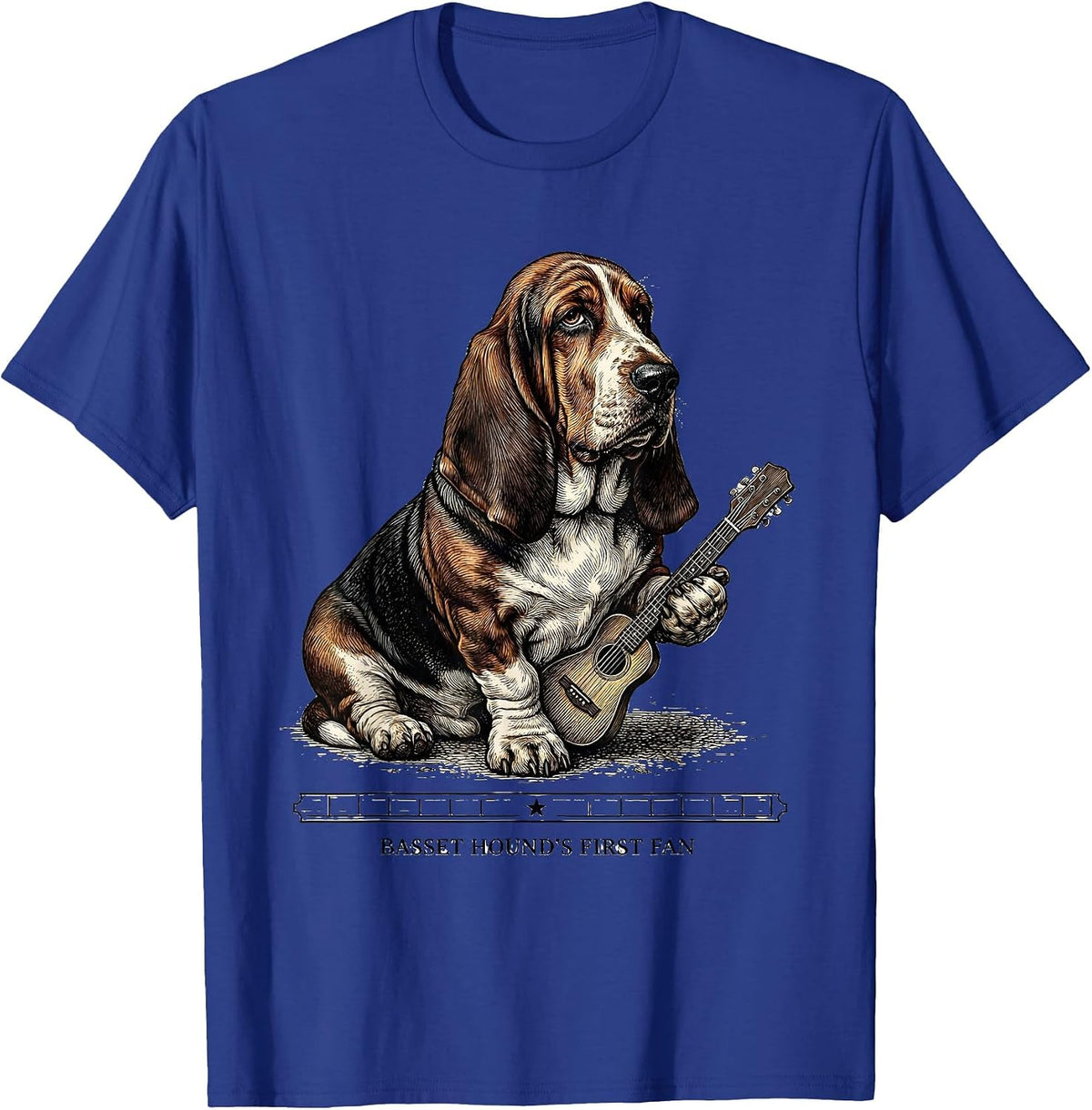 Men's Basset Hound's First Fan Crosshatch Etching Rock Music Dog T-Shirt - Royal Blue