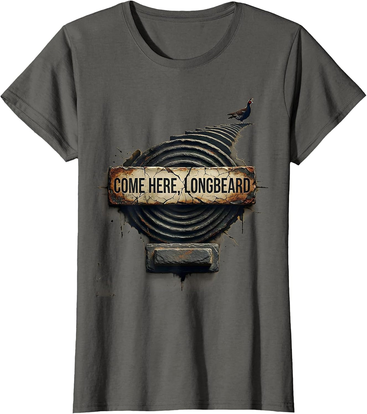 Women's Come Here, Longbeard Distressed Turkey Hunting Humor Gift T-Shirt - Asphalt Grey
