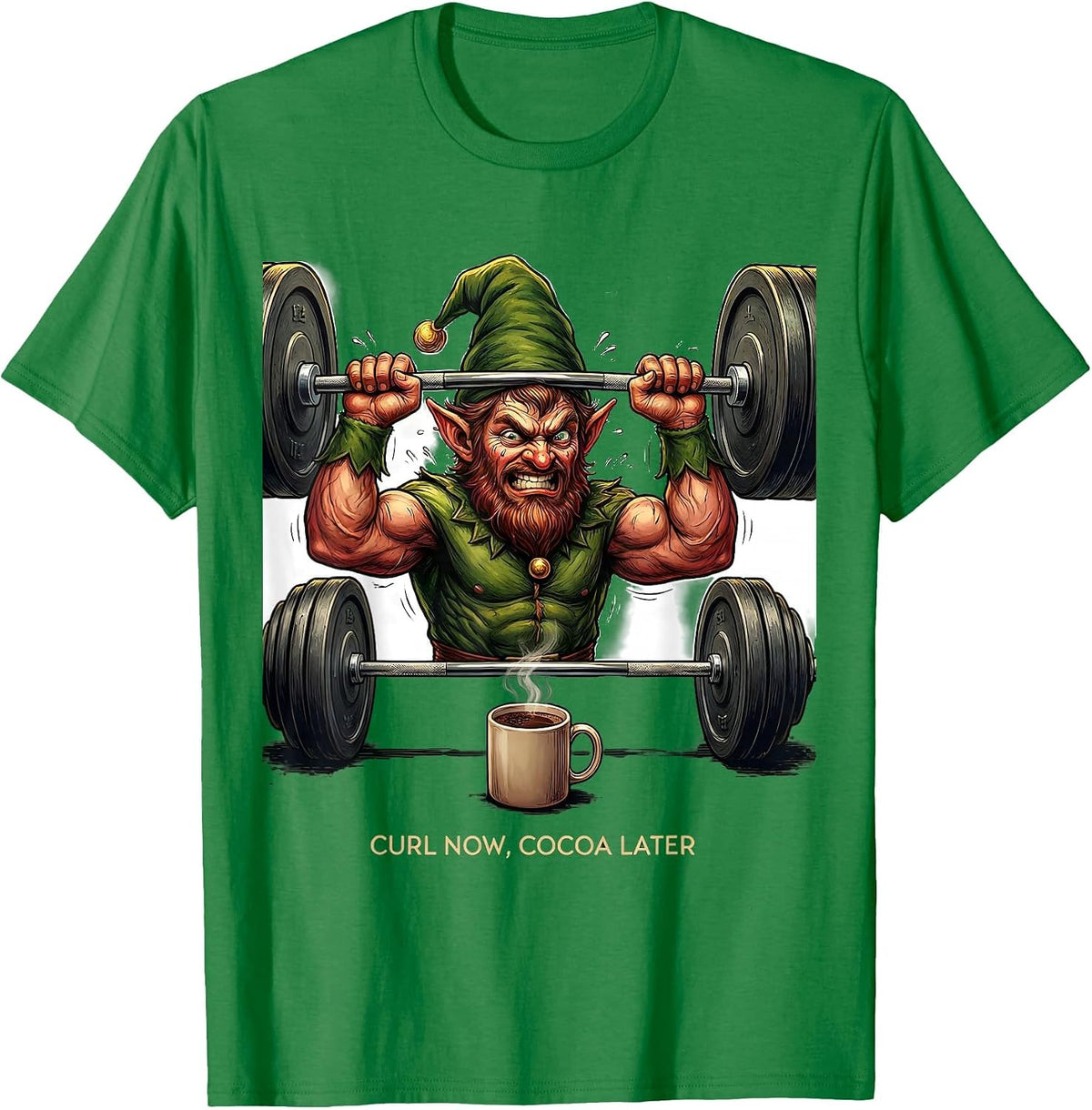 Men's Curl Now, Cocoa Later Funny Christmas Gym Workout T-Shirt - Kelly Green