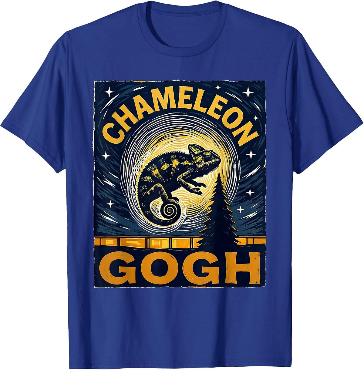 Men's Chameleon Gogh Linocut Funny Chameleon Lover Pet Owner Art T-Shirt - Royal Blue