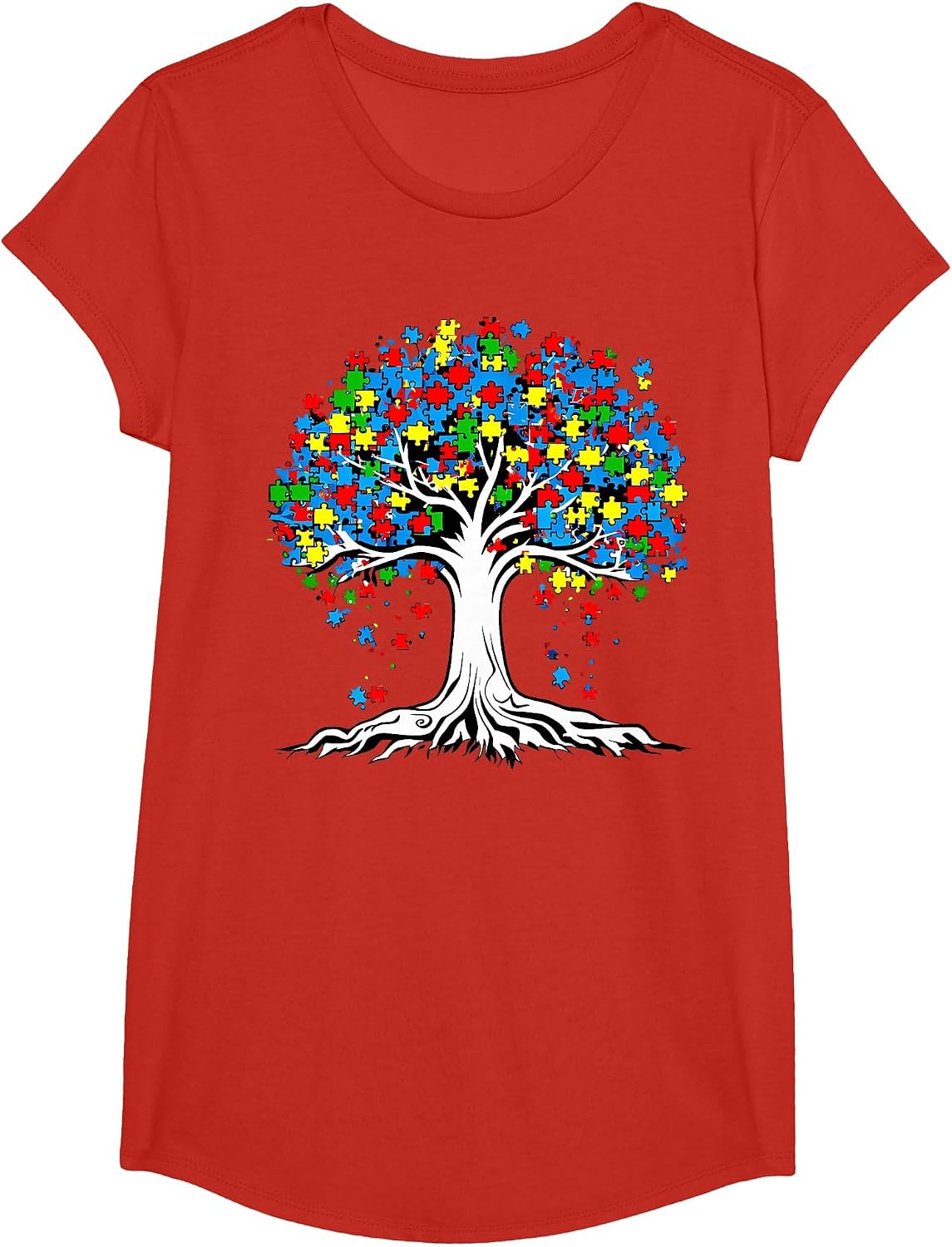 Tree Puzzle Autism Awareness Month Funny ASD Support T-Shirt - Girls Red