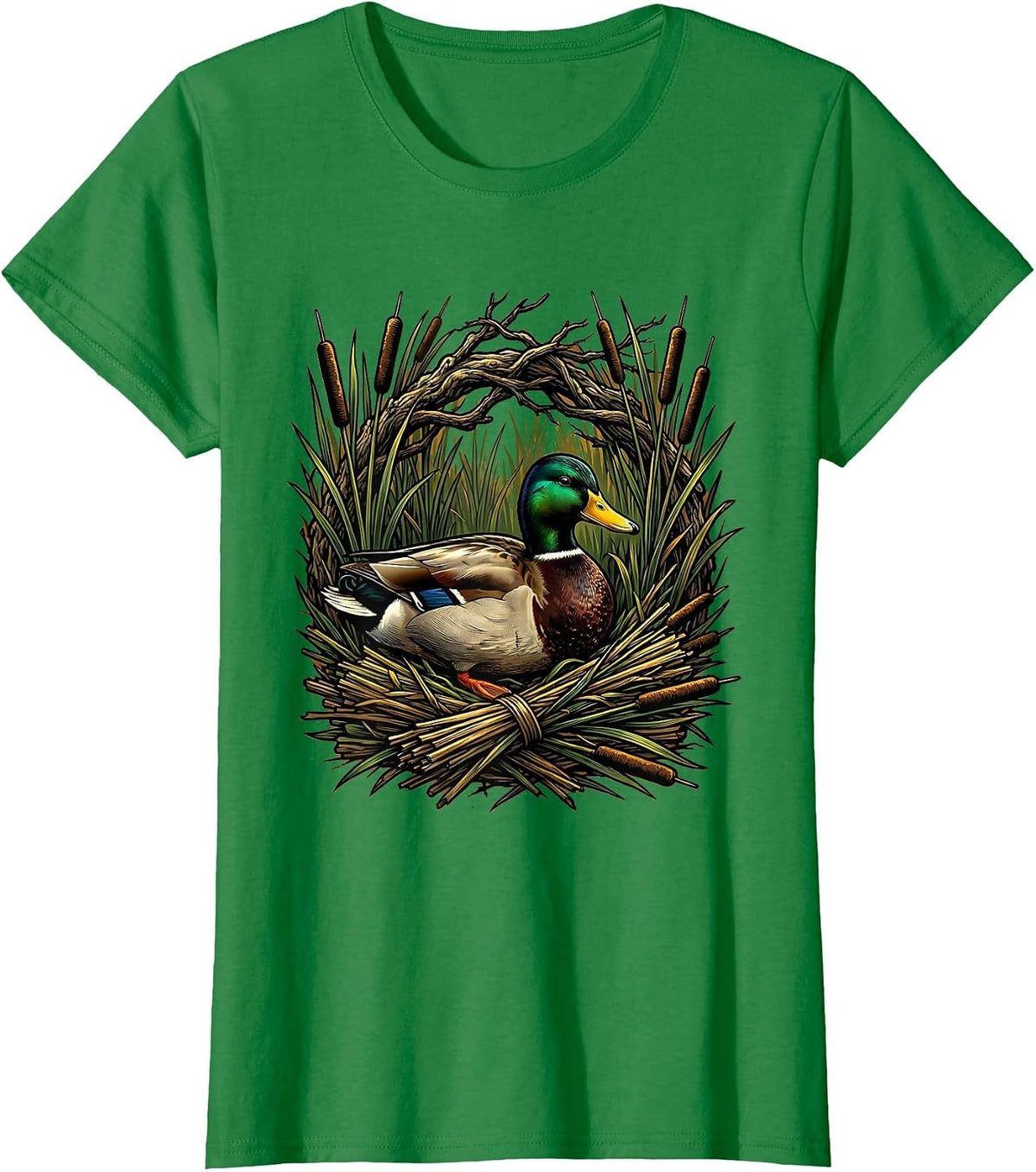 Women's Camo Duck Blind Cattails Hunting Illustration T-Shirt - Kelly Green