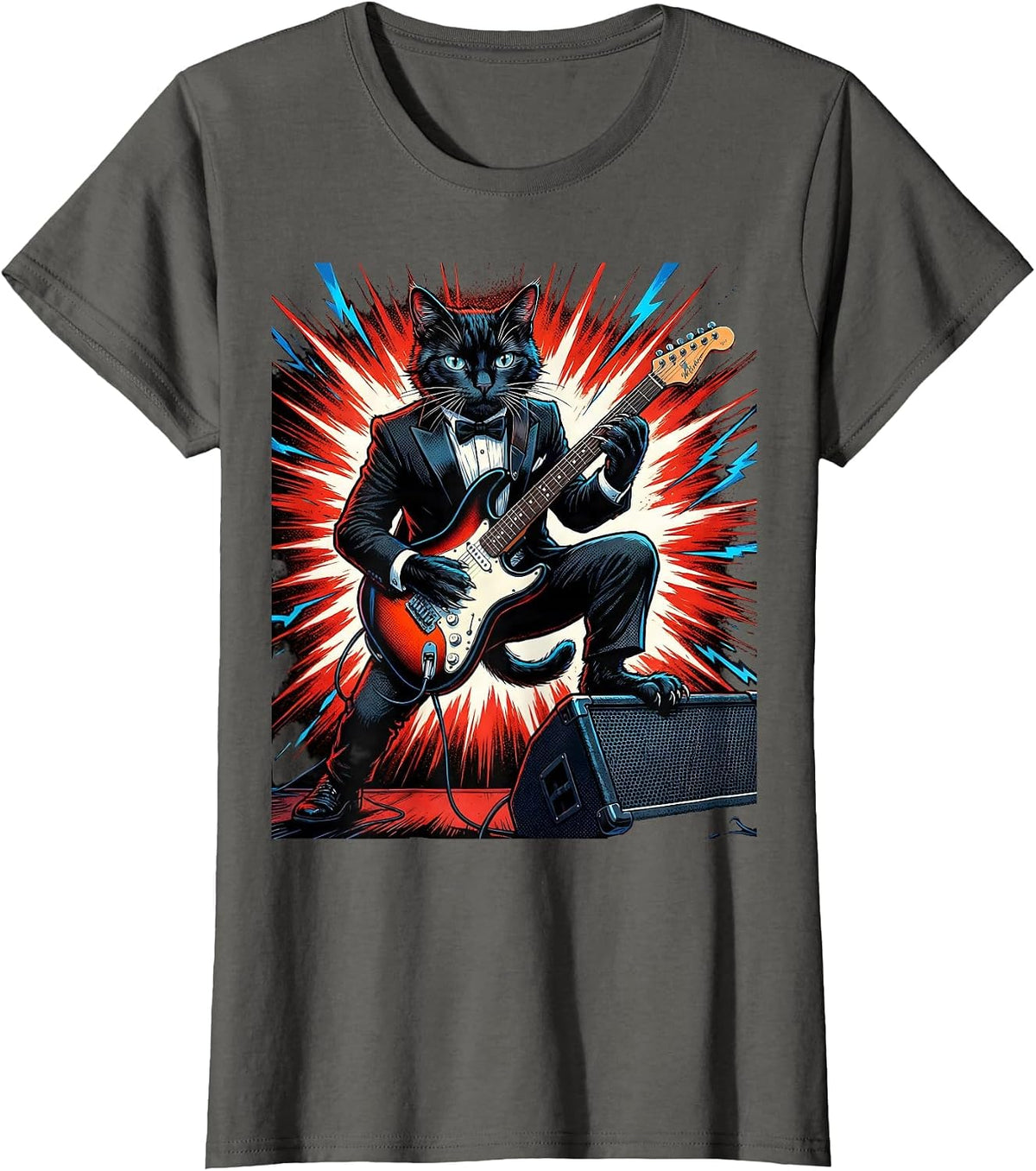 Women's Cat Playing Guitar Rock Music Humor Novelty Gift T-Shirt - Asphalt Grey