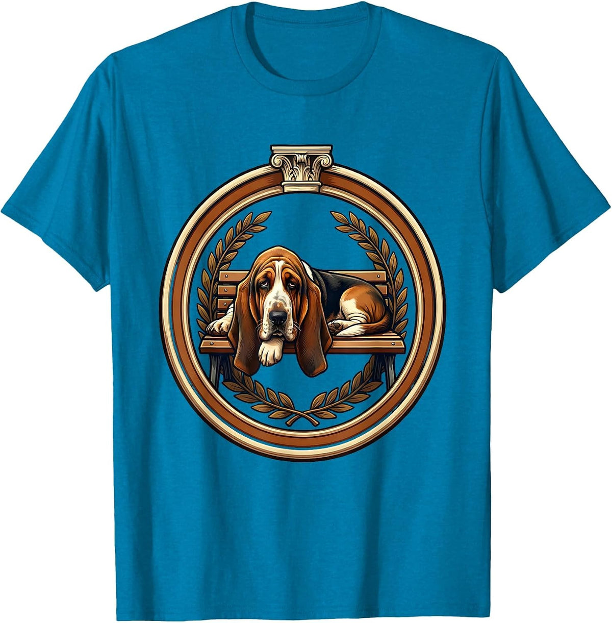 Sleepy Basset Hound Melting Off Park Bench T-Shirt - Sapphire Blue