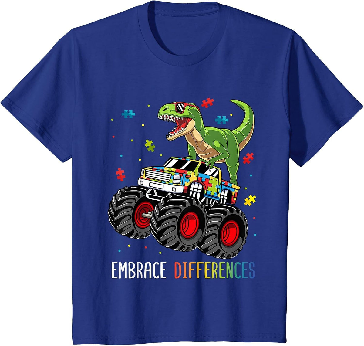 Autism Awareness T-Rex Monster Truck Embrace Differences T-Shirt - Royal Blue