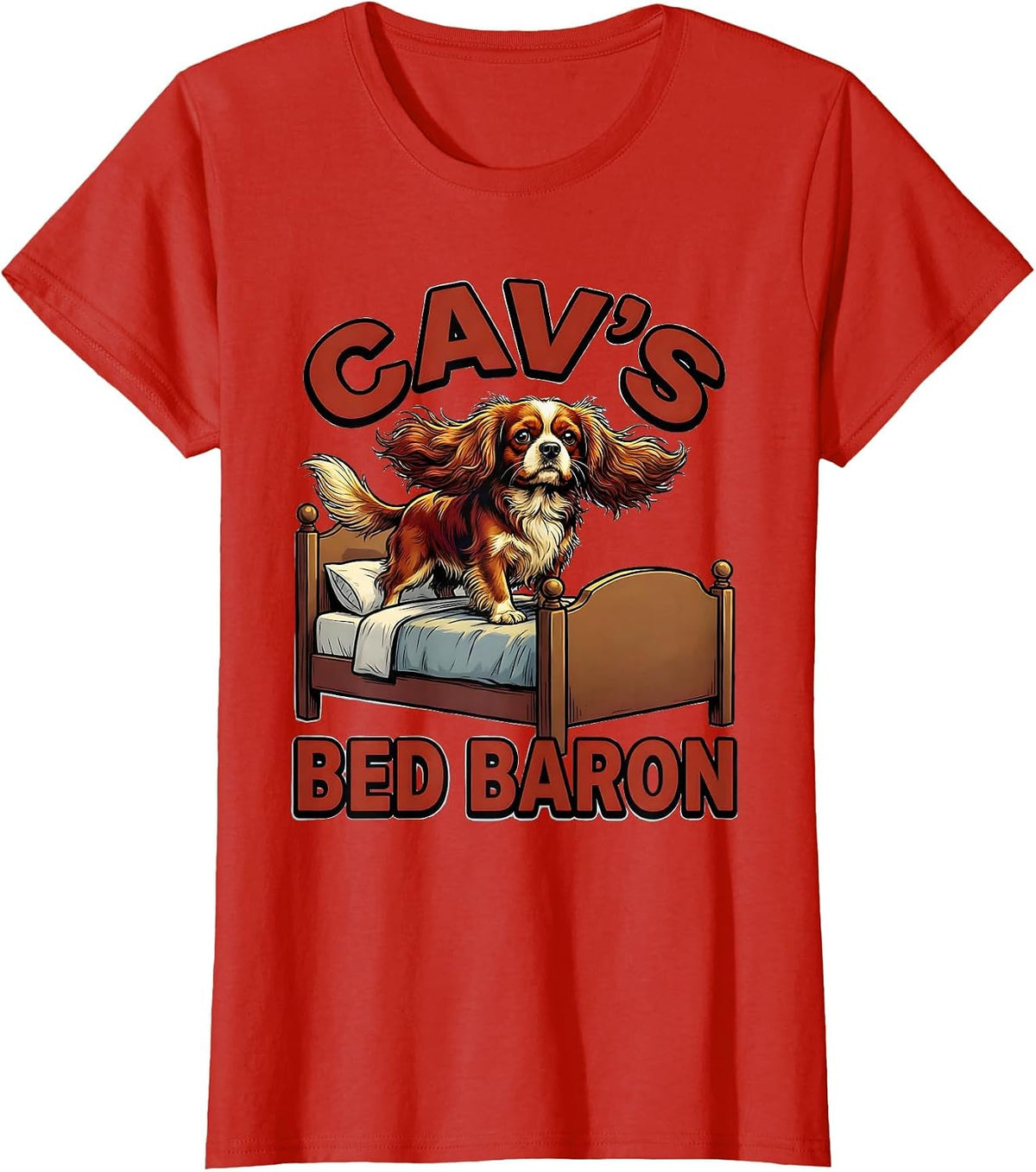 Women's Cav's Bed Baron Cartoon Cavalier King Charles Spaniel Owner T-Shirt - Red