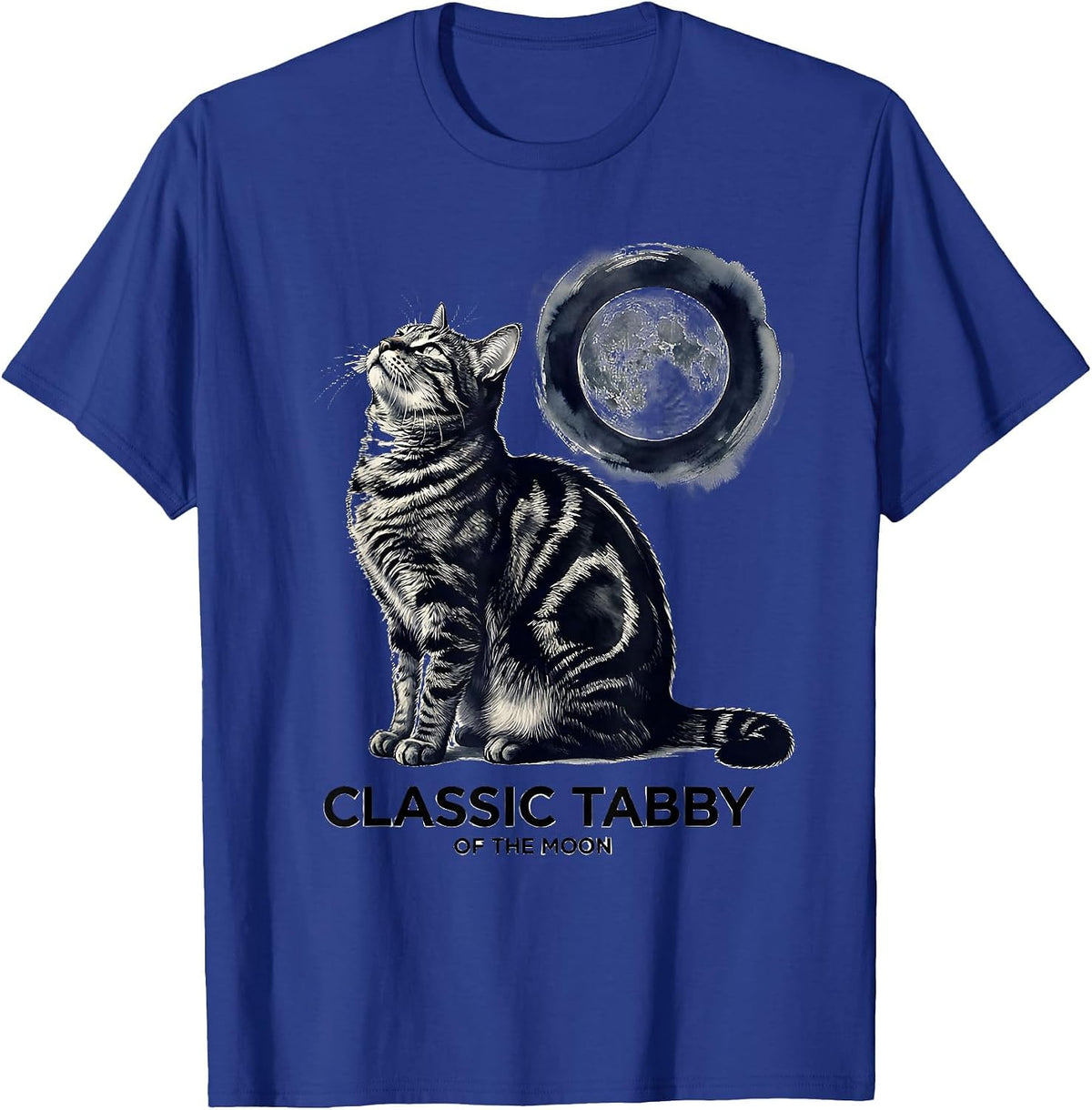 Classic Tabby Of The Moon Ink Brush Cat Lover Retro Humor T-Shirt - Royal Blue