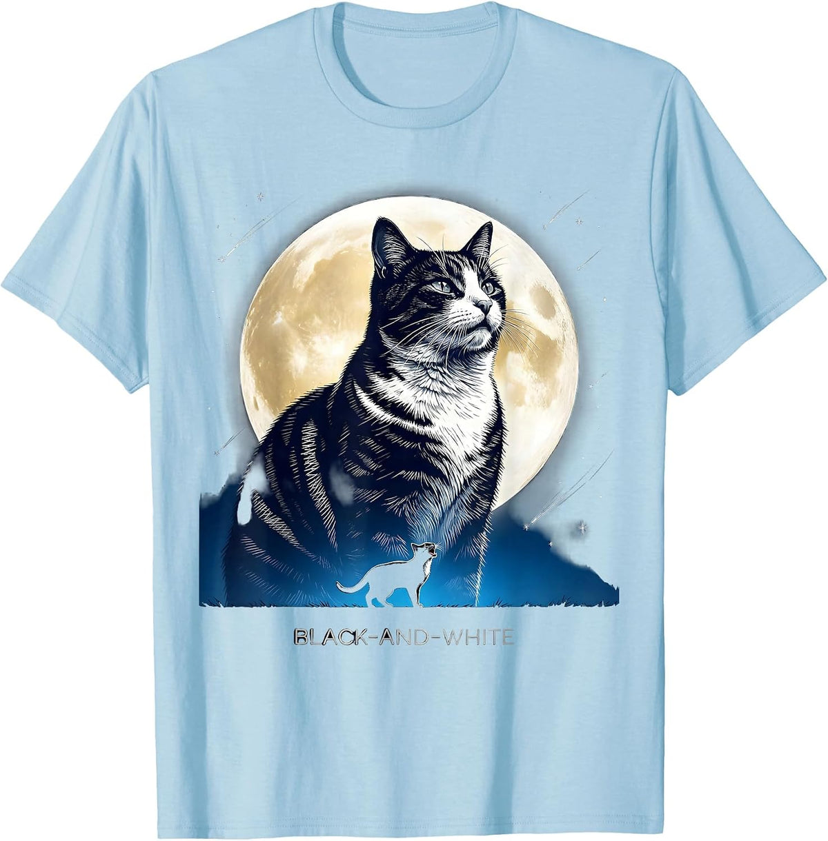 Men's Black-and-White Cosmic Tuxedo Cat Howling at Moon T-Shirt - Baby Blue