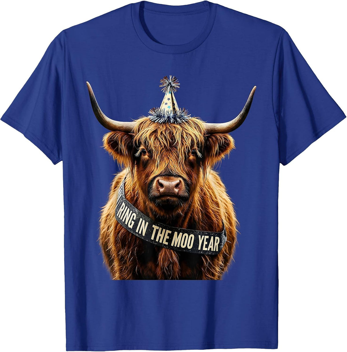 Ring In The Moo Year Funny Highland Cow Holiday Humor T-Shirt - Royal Blue