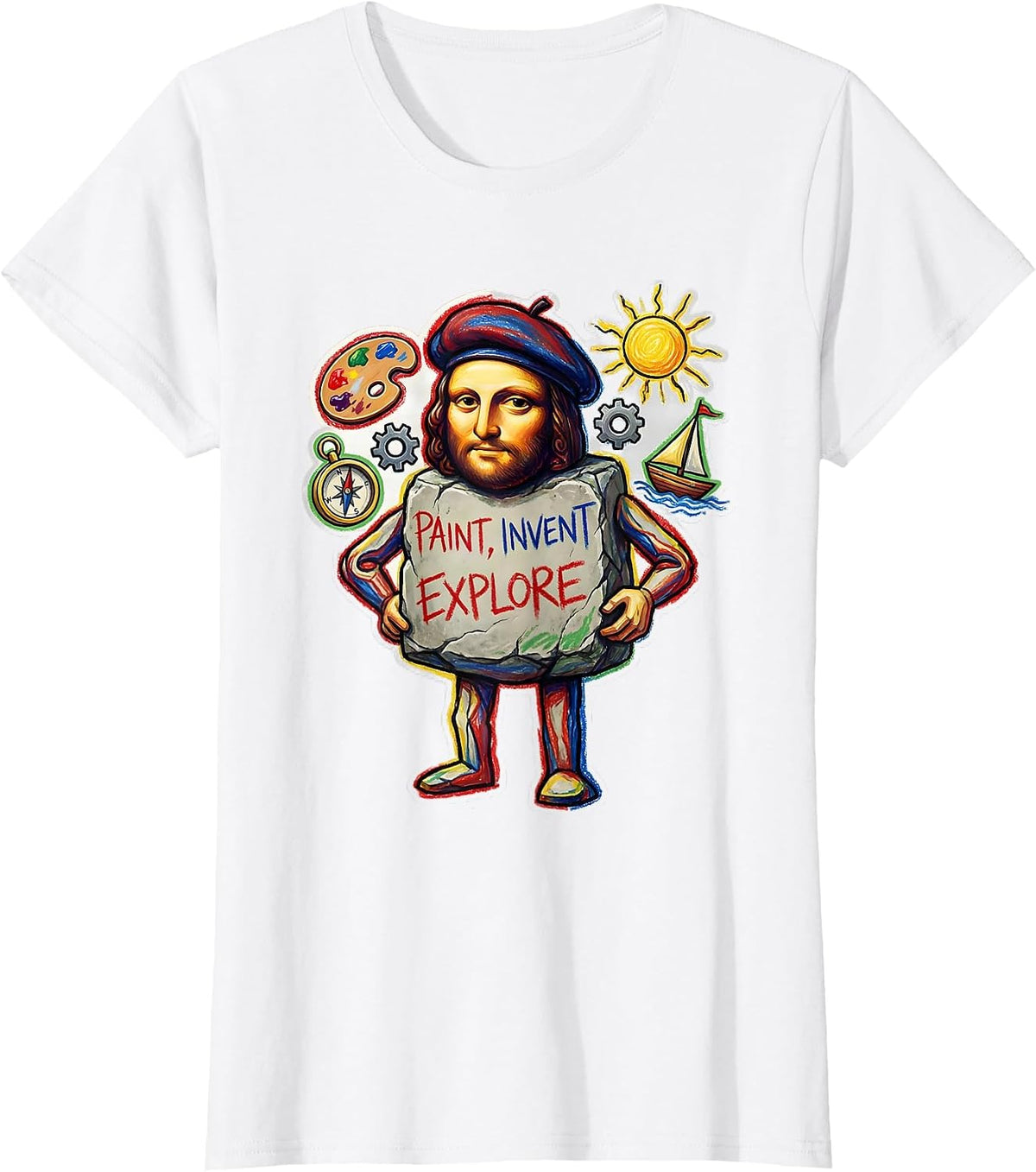 Women's Renaissance Men Paint Invent Explore Design T-Shirt - White
