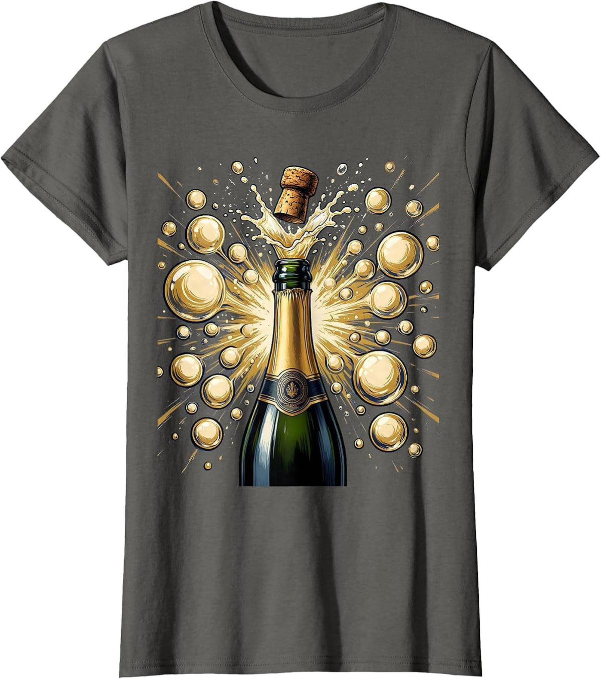 Women's Champagne Explosion Burst of Bubbles Graphic Tee T-Shirt - Asphalt Grey