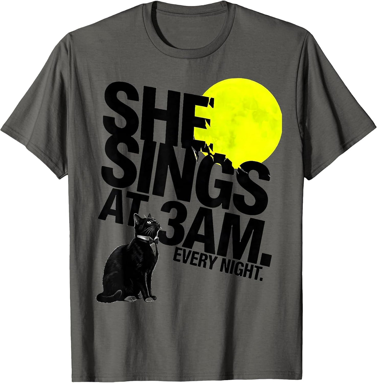 Men's She Sings At 3AM Every Night Tuxedo Cat Howling At Moon 90s T-Shirt - Asphalt Grey