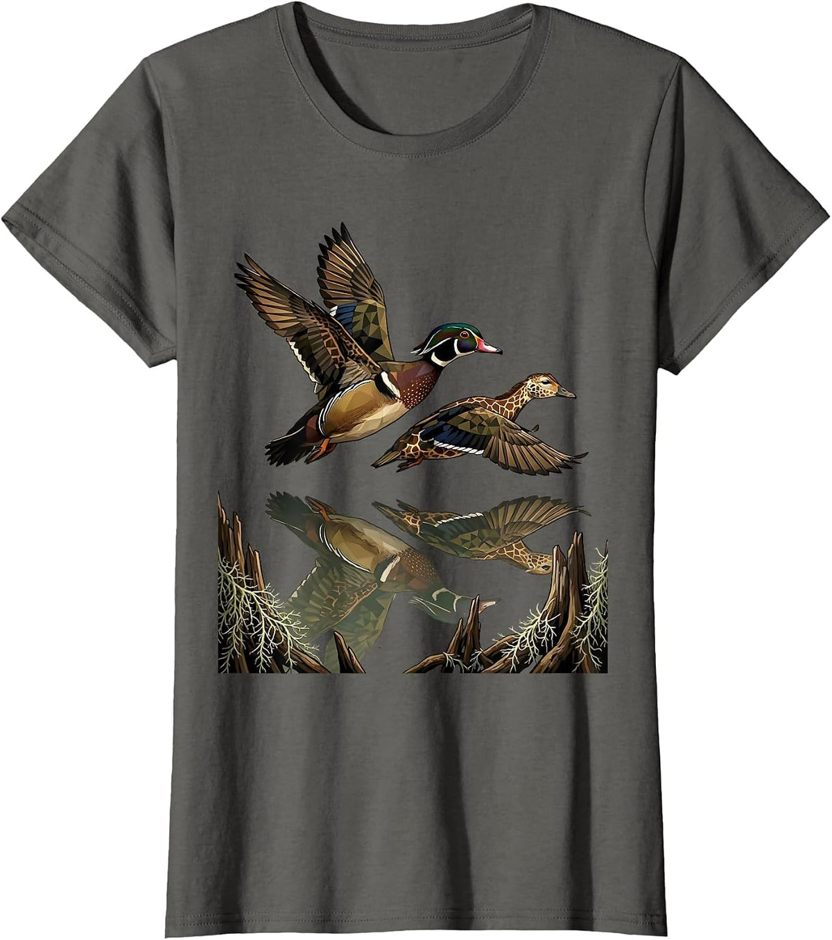 Women's Wood Duck Pair Bottomland Camo Waterfowl Design T-Shirt - Asphalt Grey