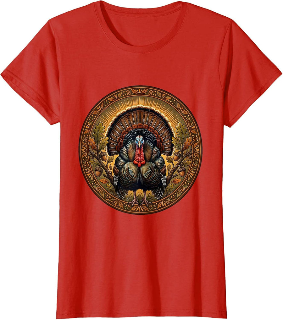 Women's Wild Turkey Strutting Autumn Forest Thanksgiving T-Shirt - Red