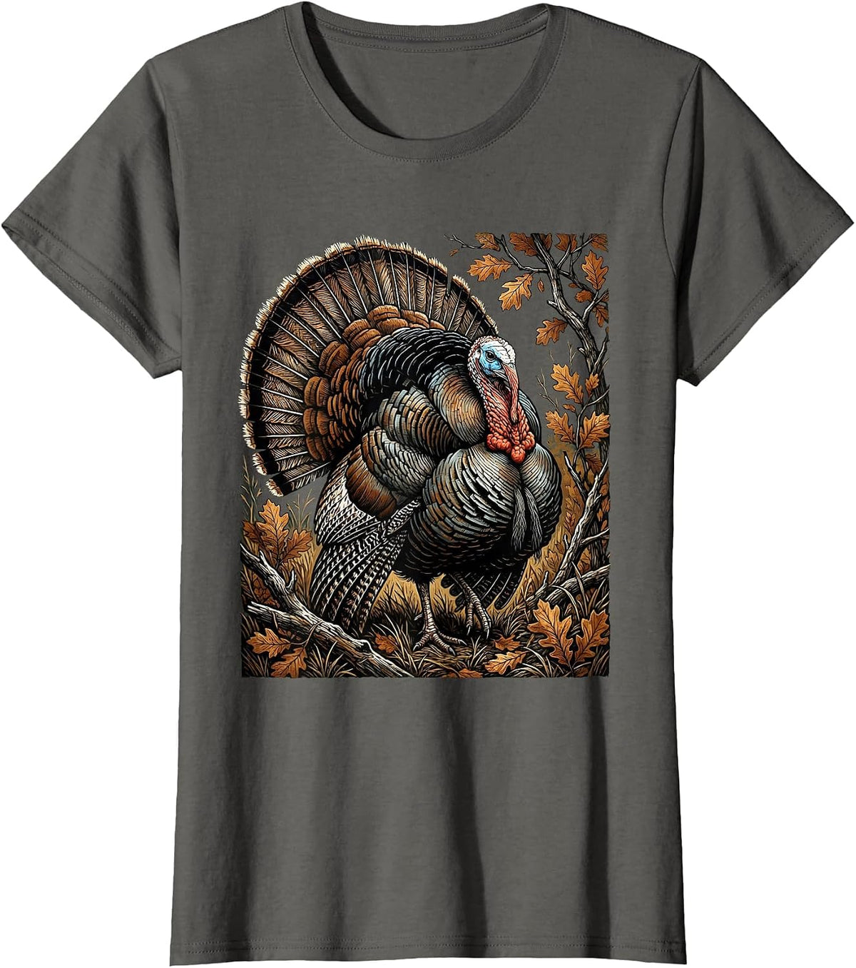 Women's Turkey Strutting Autumn Camo Illustration T-Shirt - Asphalt Grey
