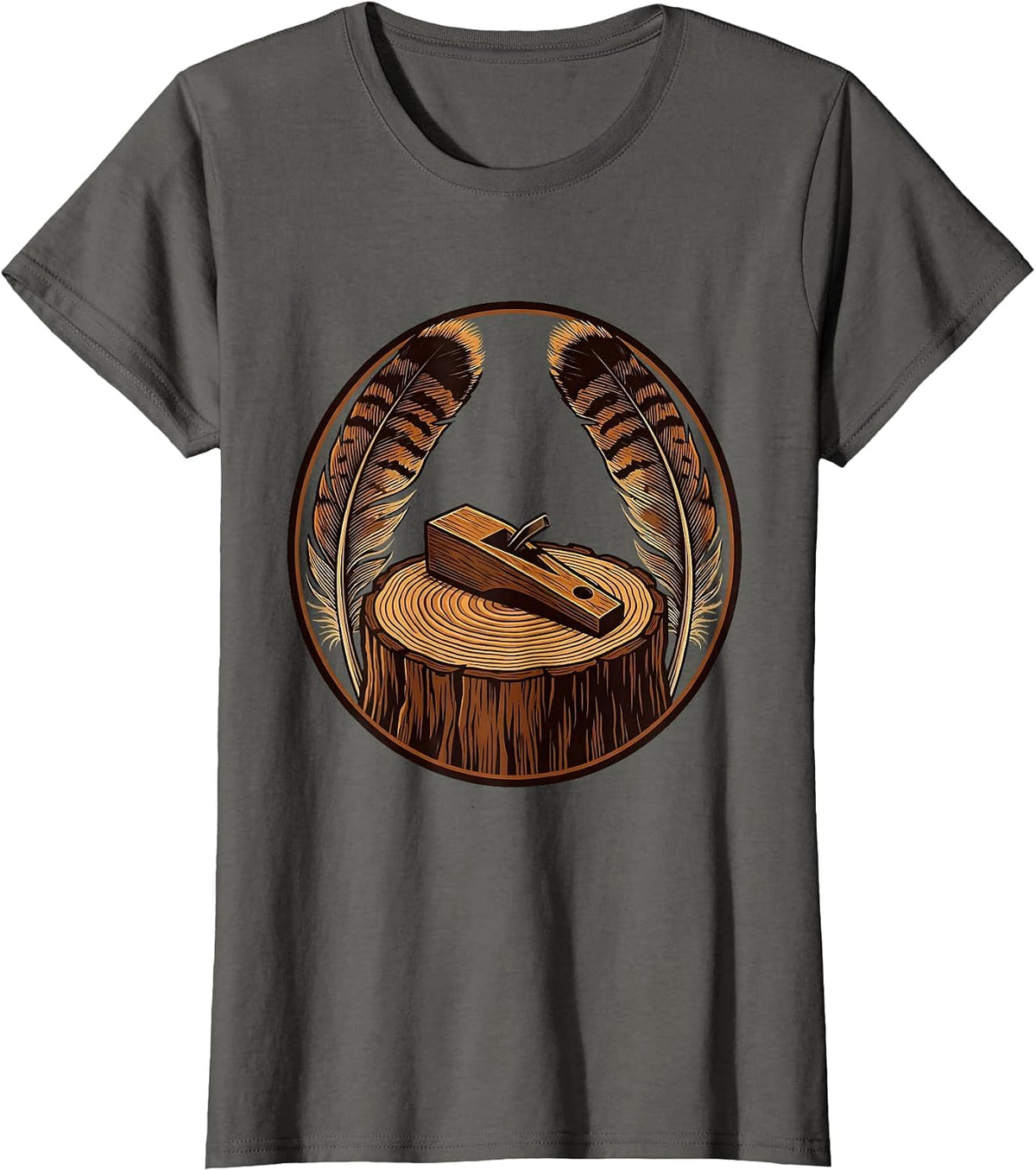 Women's Turkey Call and Feathers on Tree Stump Illustration T-Shirt - Asphalt Grey