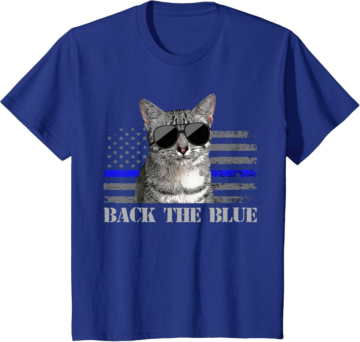 Back the Blue Police Cat Thin Blue Line American Flag T-Shirt - Royal Blue