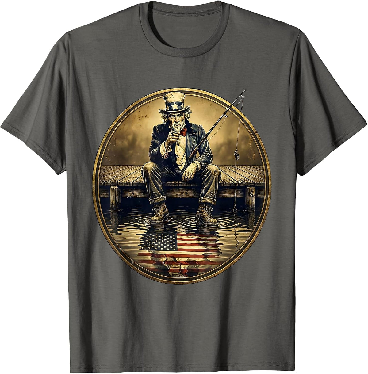 American Flag Fishing at Sunset Graphic T-Shirt - Asphalt Grey