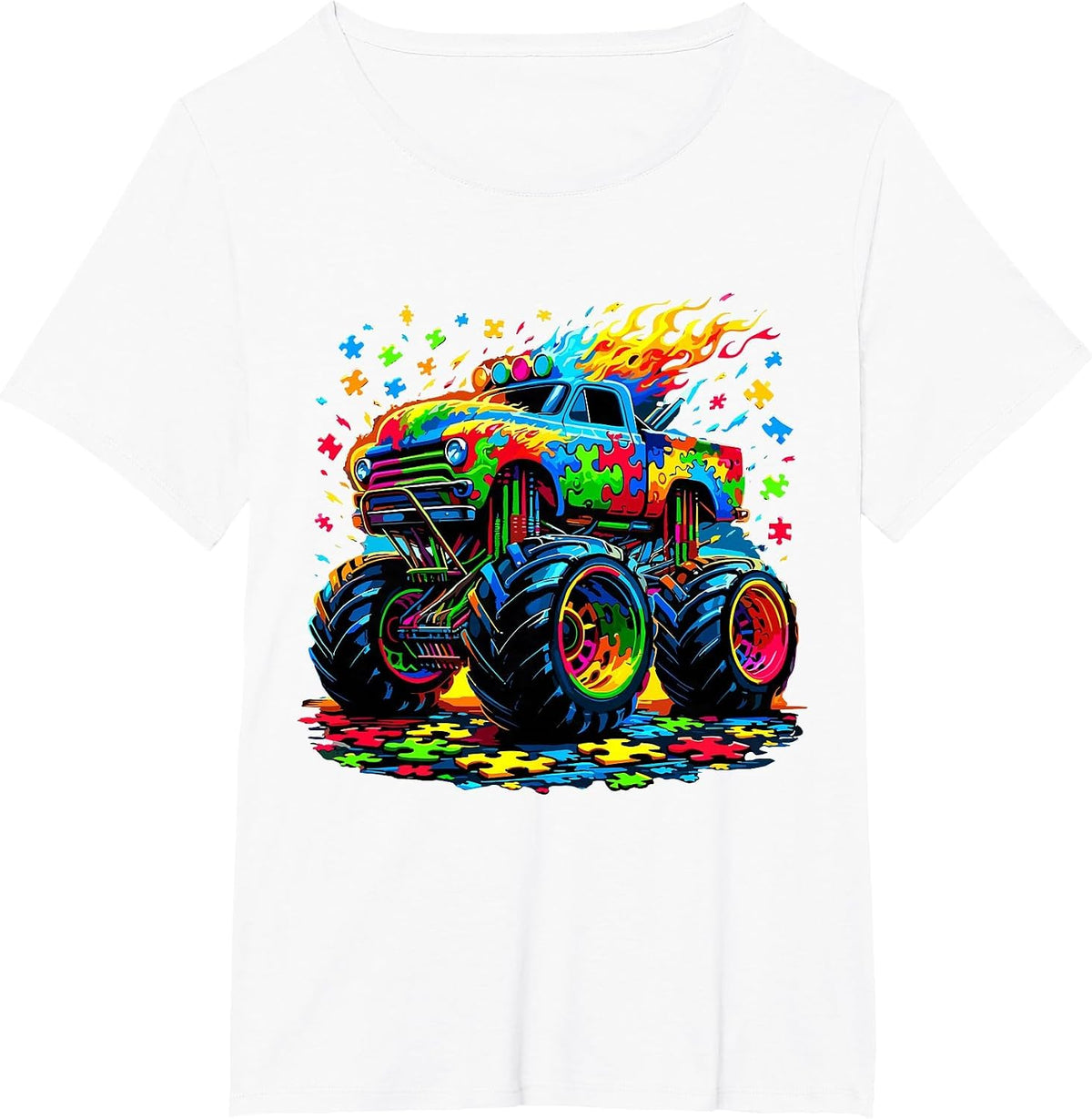 Autism Awareness Monster Truck Puzzle T-Shirt - White
