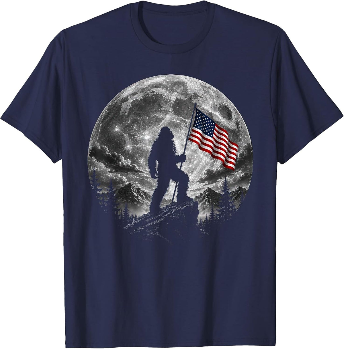 Bigfoot American Flag Sasquatch Patriotic 4th of July T-Shirt - Navy Blue