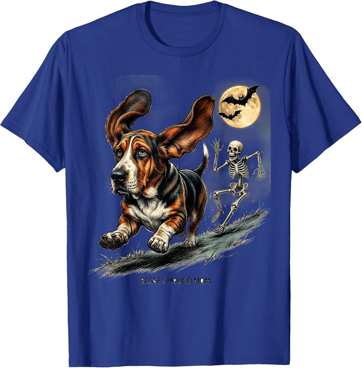 Men's Basset Hound Mom Funny Skeleton Chasing Halloween Dog Mom T-Shirt - Royal Blue