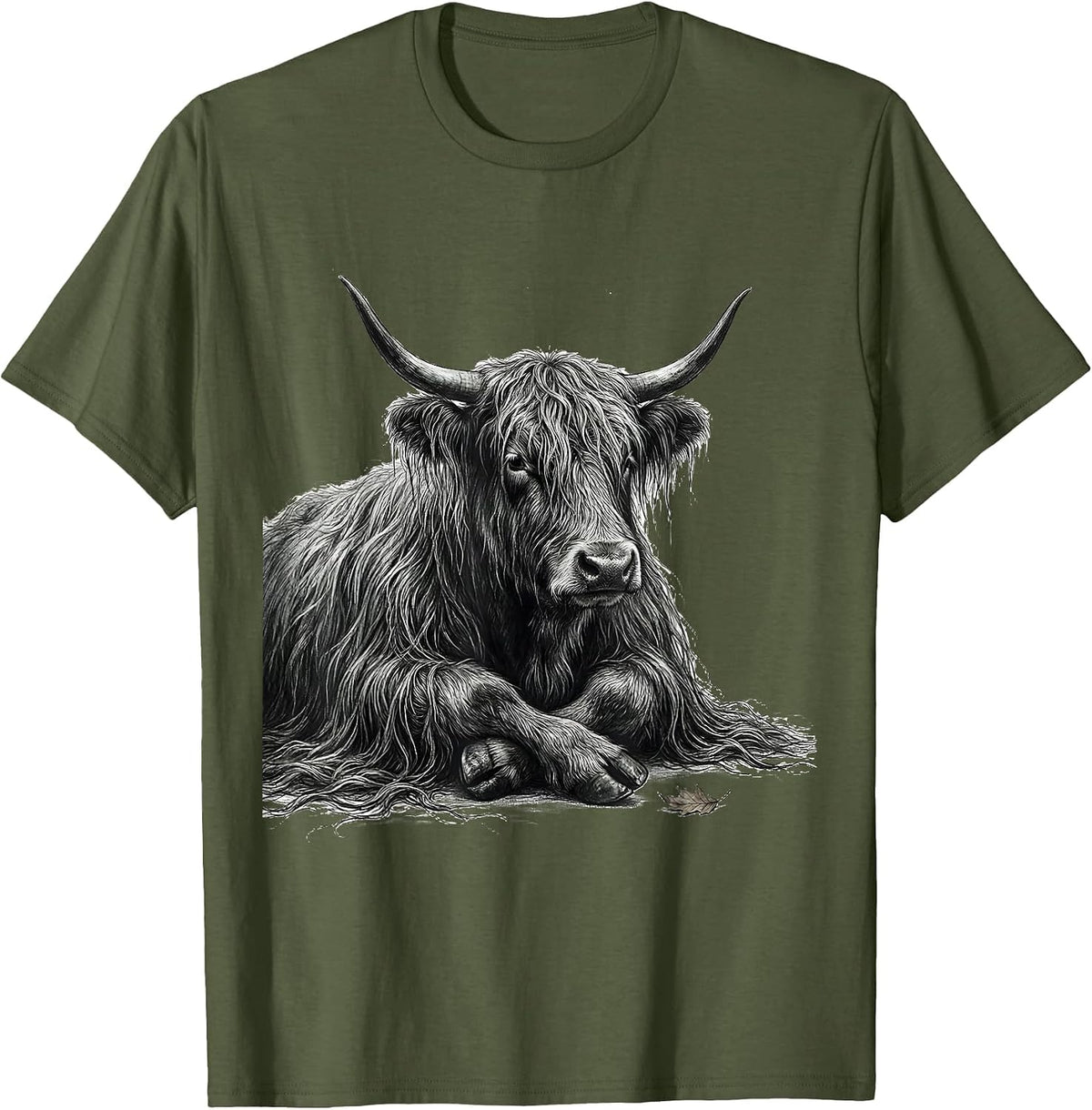 Shaggy Highland Cow Fringe Monochromatic Animal Lover Humor T-Shirt - Olive Green