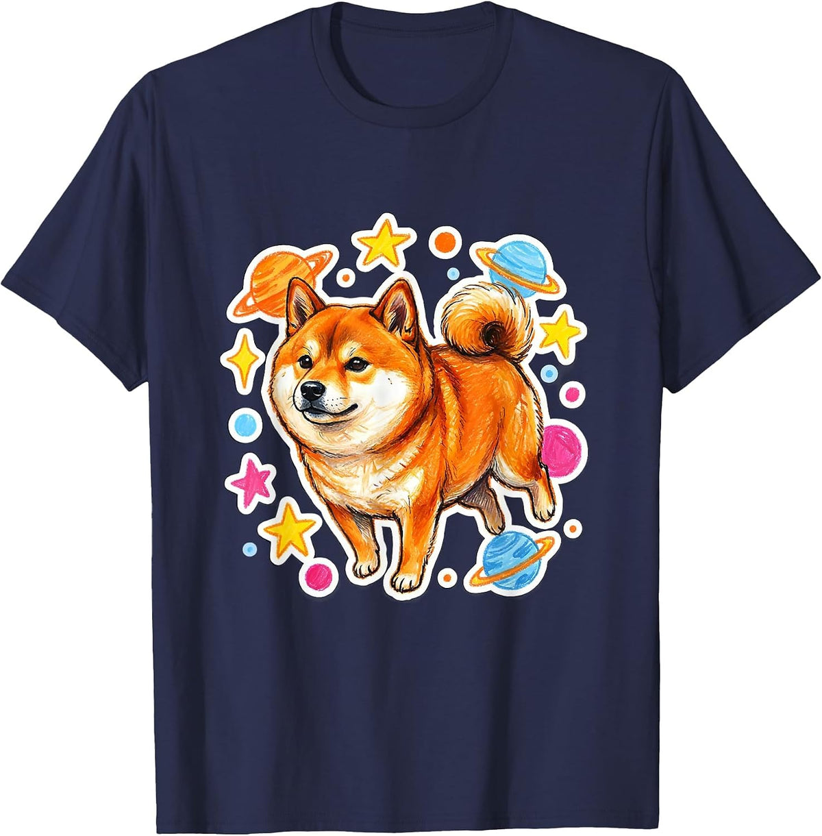 Shiba Inu Floating in Dotted Space Illustration T-Shirt - Navy Blue