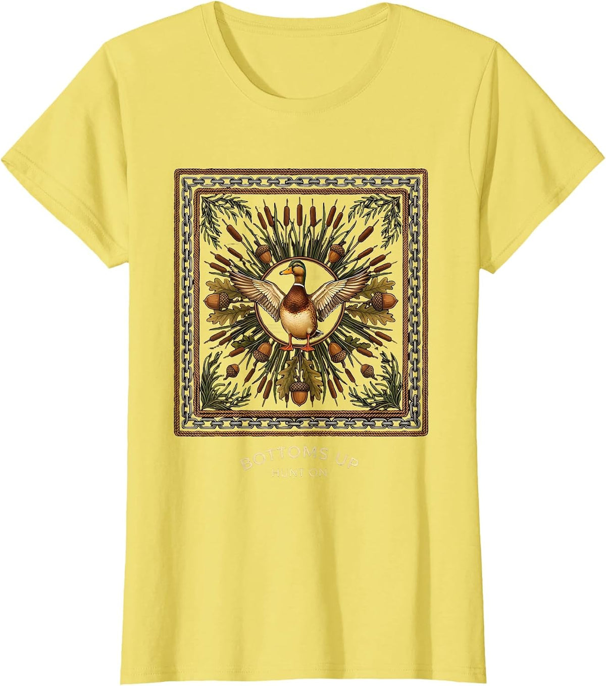 Women's Bottoms Up Hunt On Bottomland Camo Design T-Shirt - Lemon Yellow