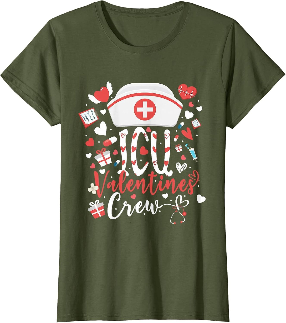 ICU Valentines Nurse Crew Tee Cute Intensive Care Unit Nurse T-Shirt - Olive Green