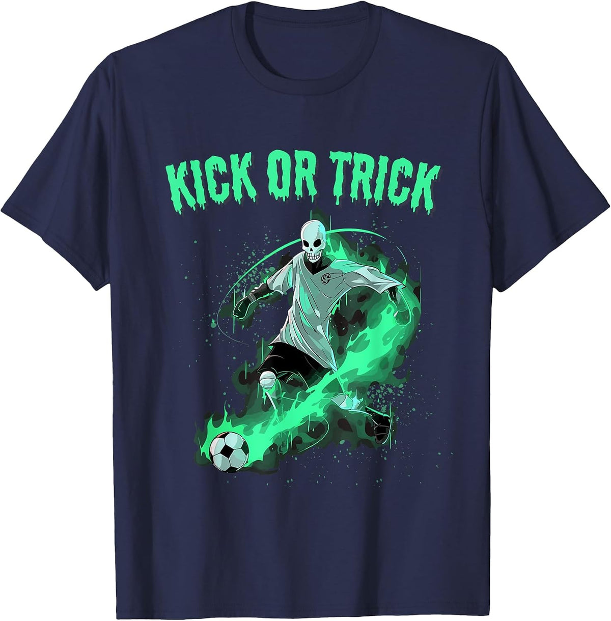 Skeleton Soccer Halloween Kick Or Funny Pun T-Shirt - Navy Blue