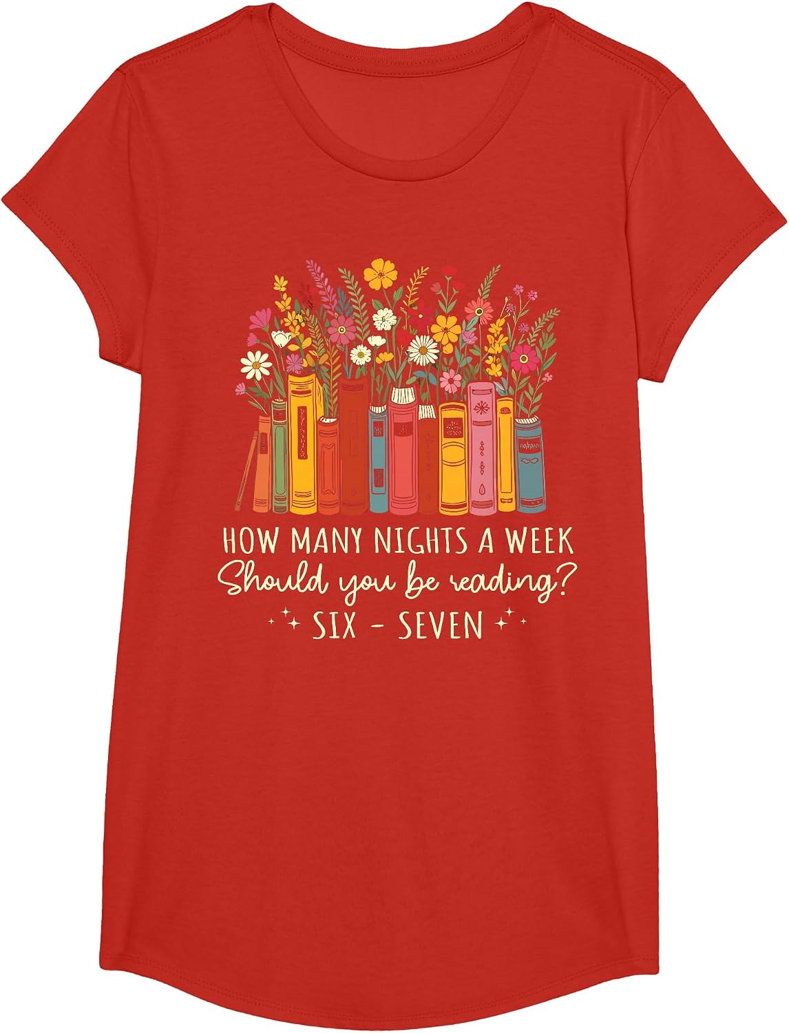 How Many Nights Reading 67 English Teacher Floral Book Lover T-Shirt - Girls Red