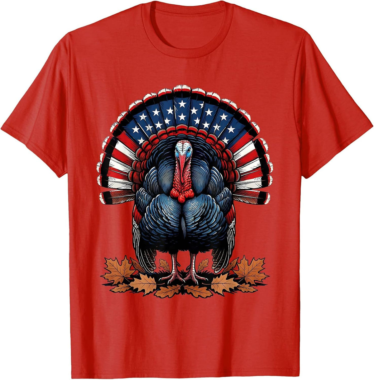 Men's Wild Turkey Strutting Autumn Leaves Thanksgiving T-Shirt - Red