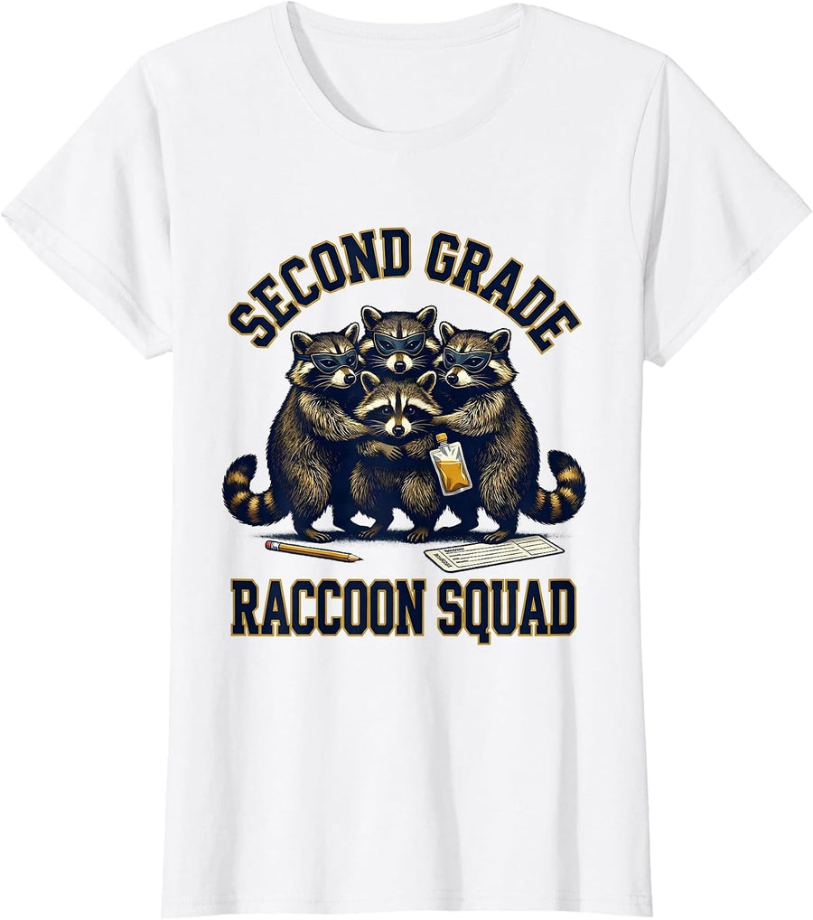 Women's Second Grade Raccoon Squad Funny Teacher Back to School T-Shirt - White