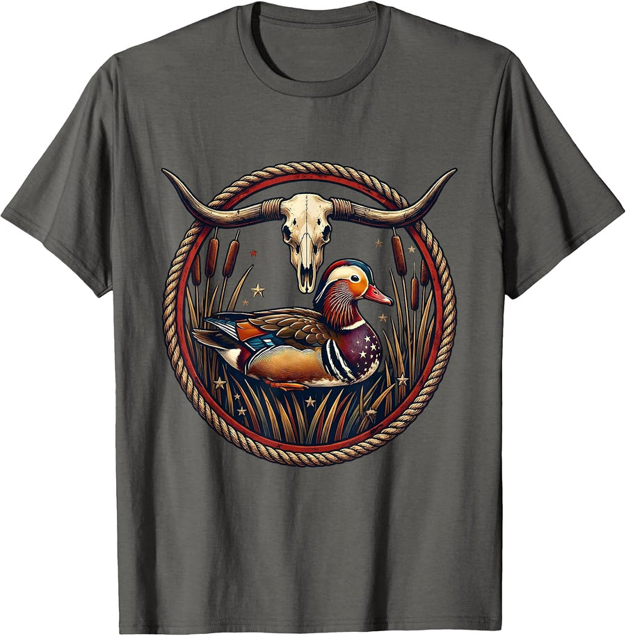 Duck in Reeds Camo Feathers Hunting Illustration T-Shirt - Asphalt Grey