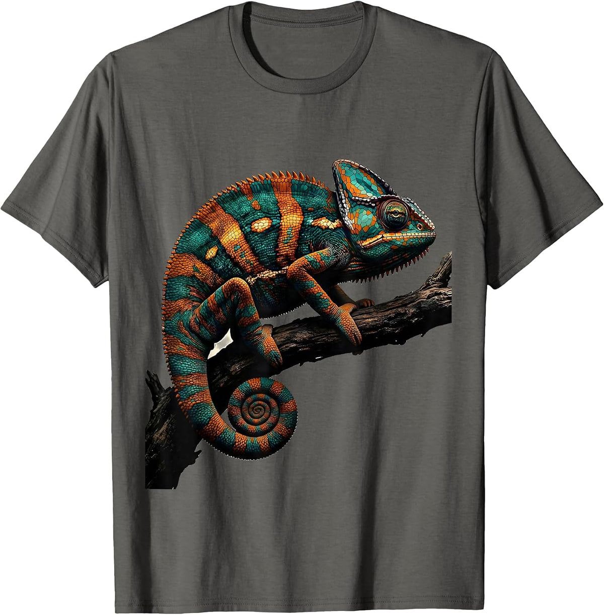 Chameleon on Branch Colorful Animal Kingdom Design T-Shirt - Asphalt Grey