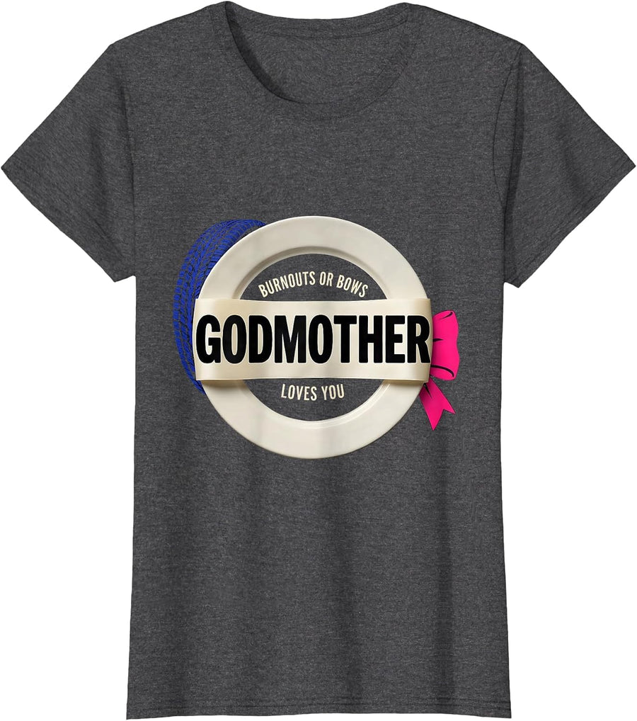 Women's Burnouts Or Bows Godmother Loves You Gender Reveal Party T-Shirt - Dark Heather Grey