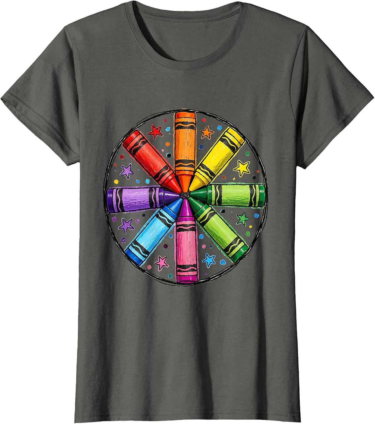 Women's Crayon Color Wheel Mandala Art Design T-Shirt - Asphalt Grey