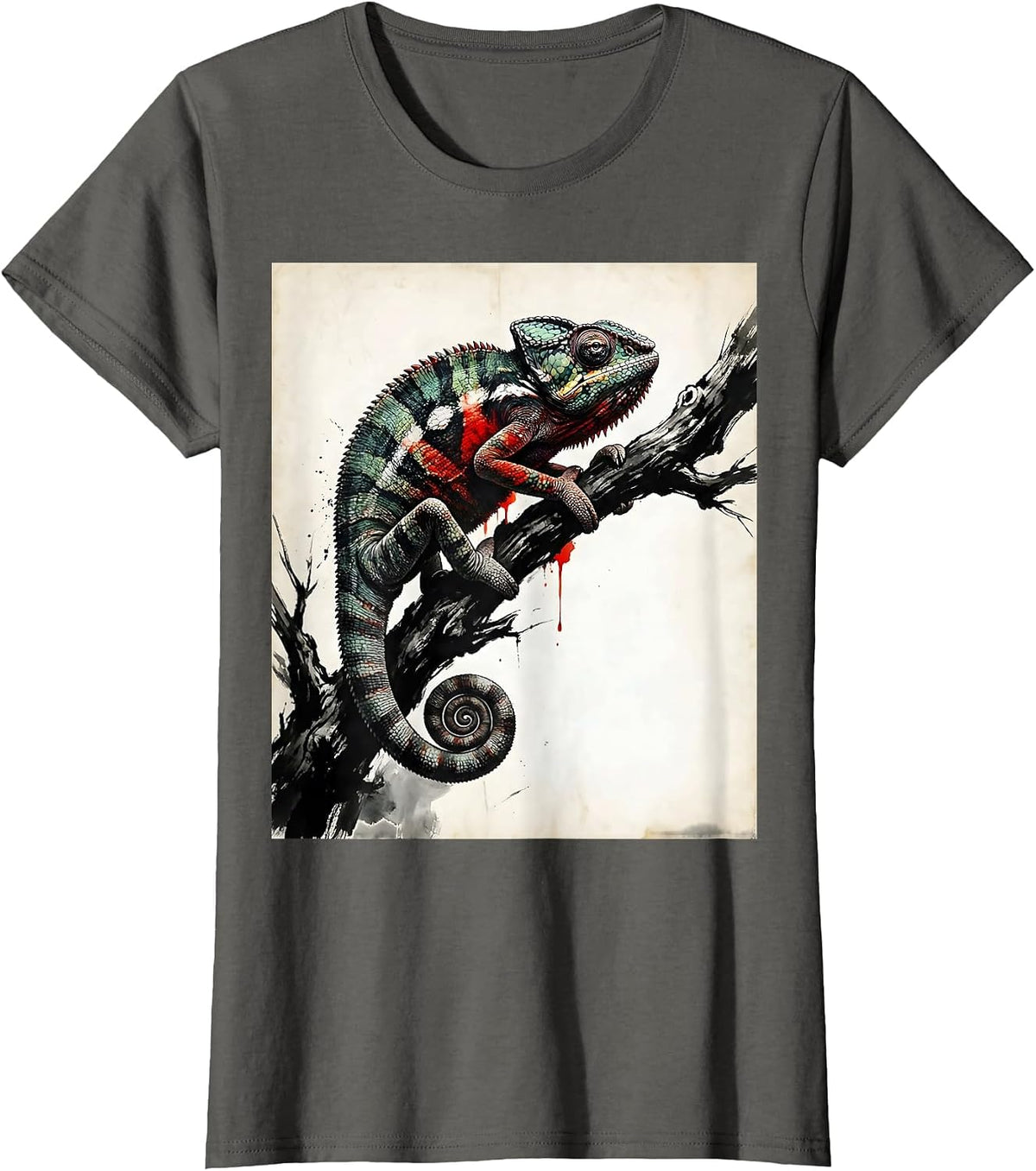 Women's Chameleon on Branch Vibrant Color Change Art T-Shirt - Asphalt Grey