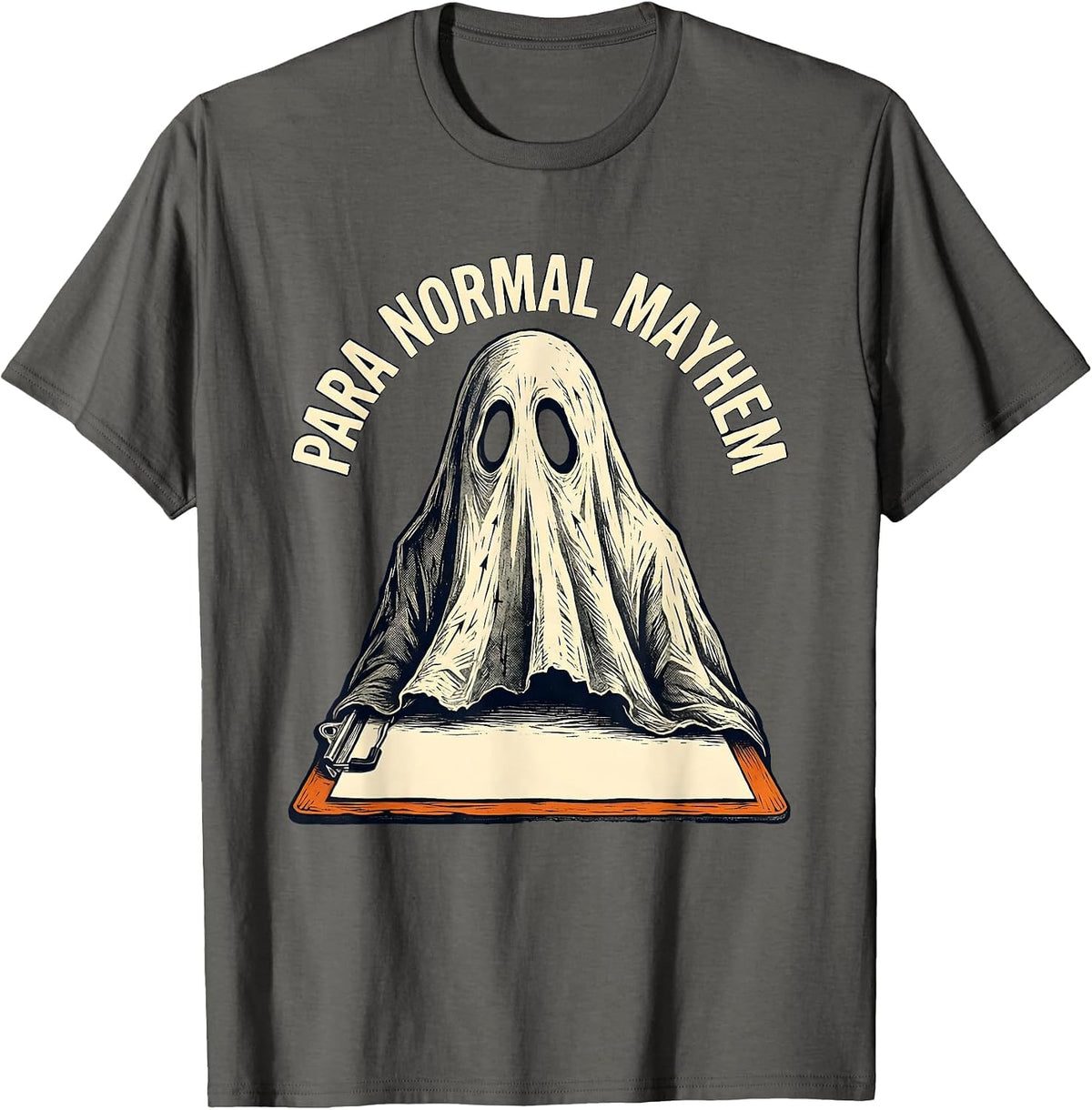Men's Para Normal Mayhem Linocut Ghost Paraeducator Halloween T-Shirt - Asphalt Grey