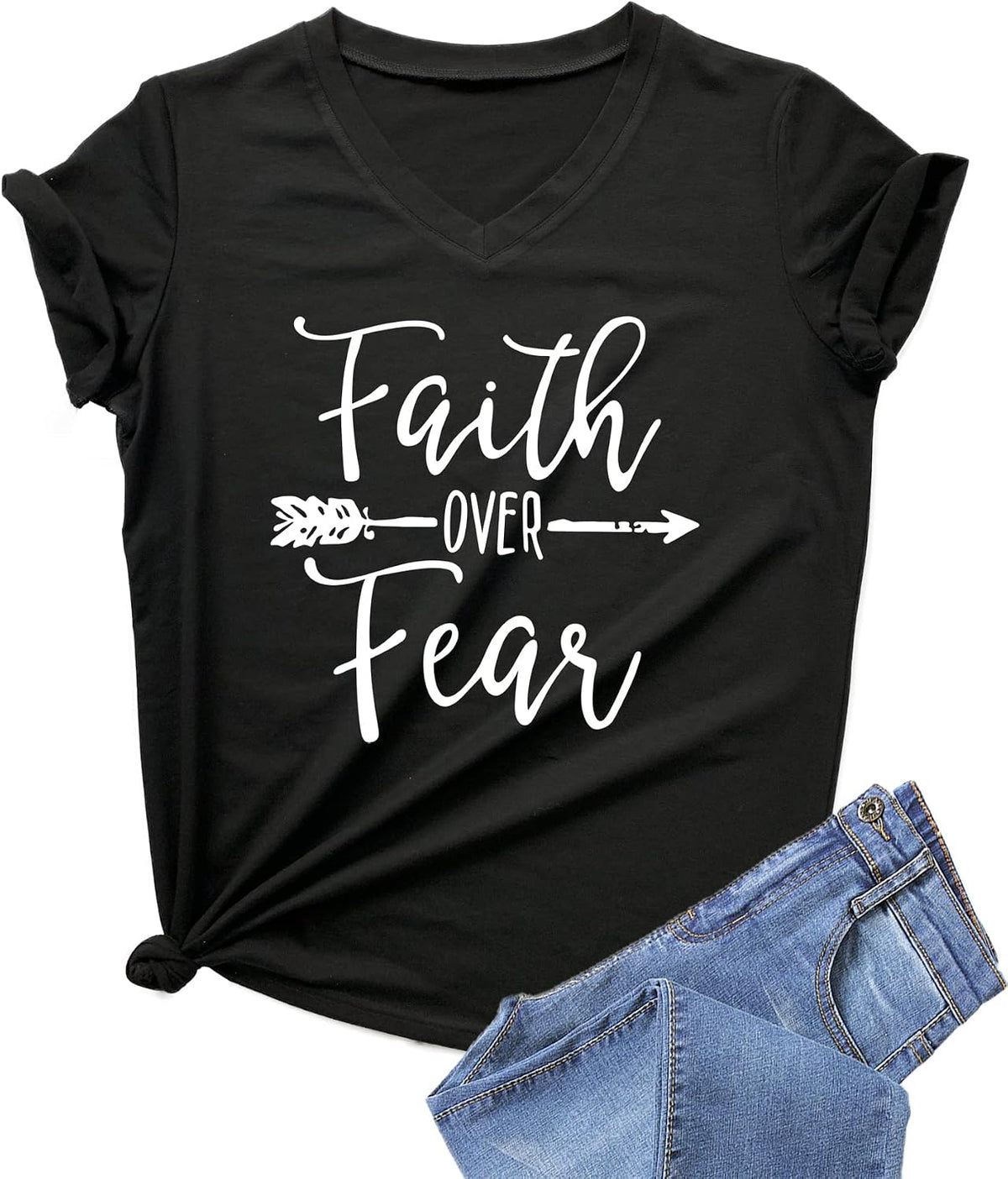 DANVOUY Women's V-Neck Summer Casual Letters Printed T-Shirt Short Sleeves Graphic Tops - Black